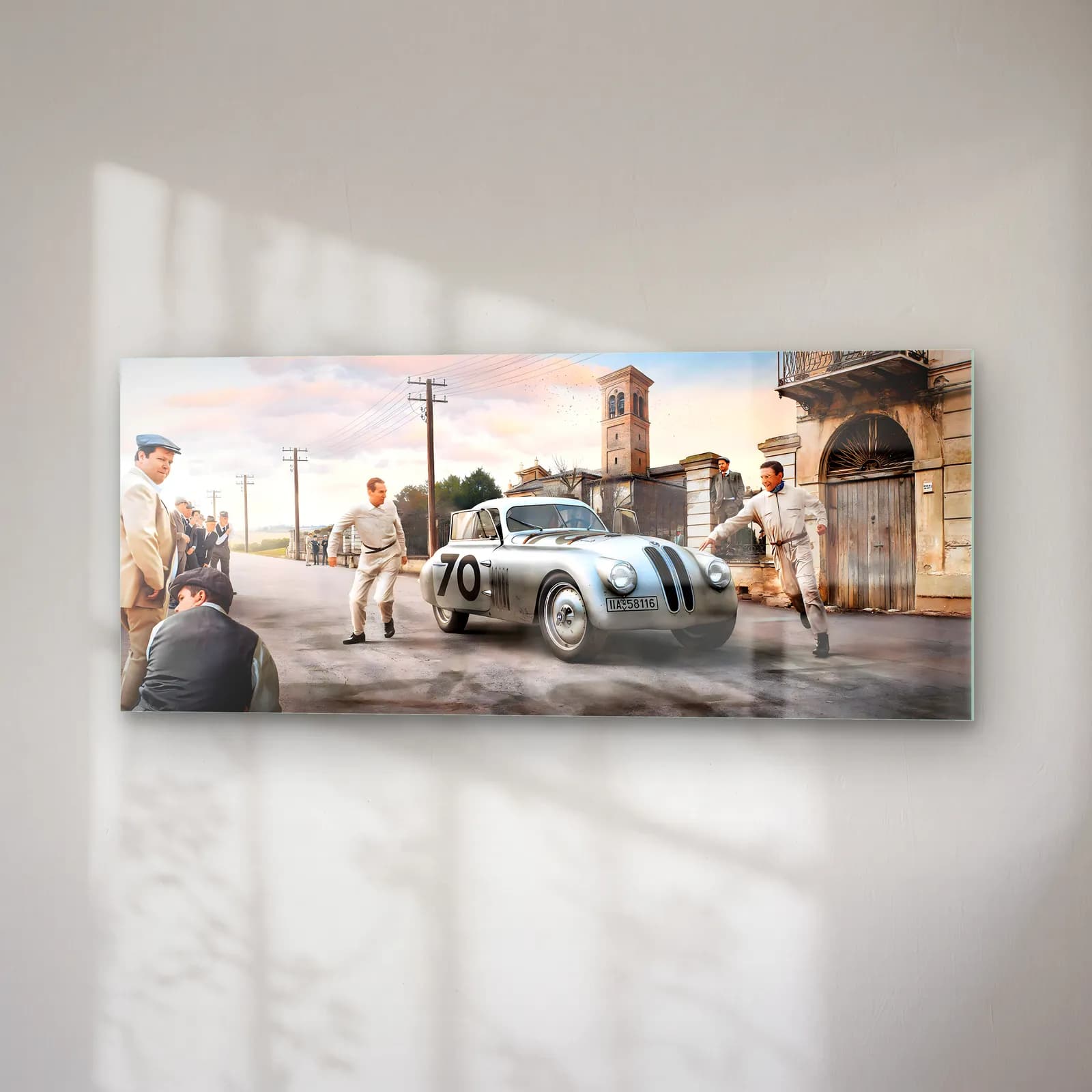 Mille Miglia Gümüş Mercedes 300 SL cam tablo — sağ açıdan görünüm