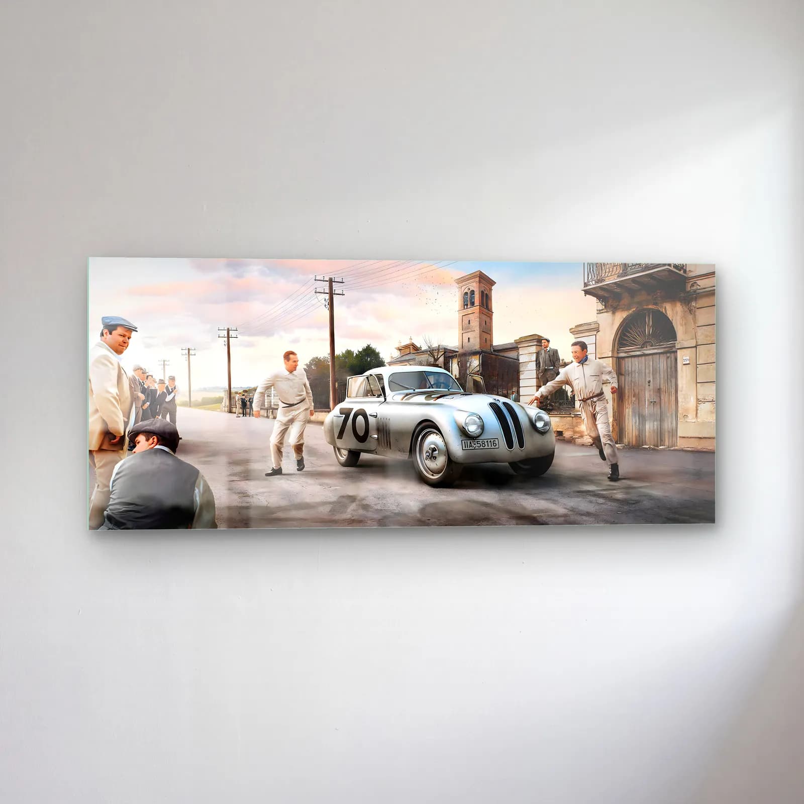 Mille Miglia Gümüş Mercedes 300 SL cam tablo — sol açıdan görünüm