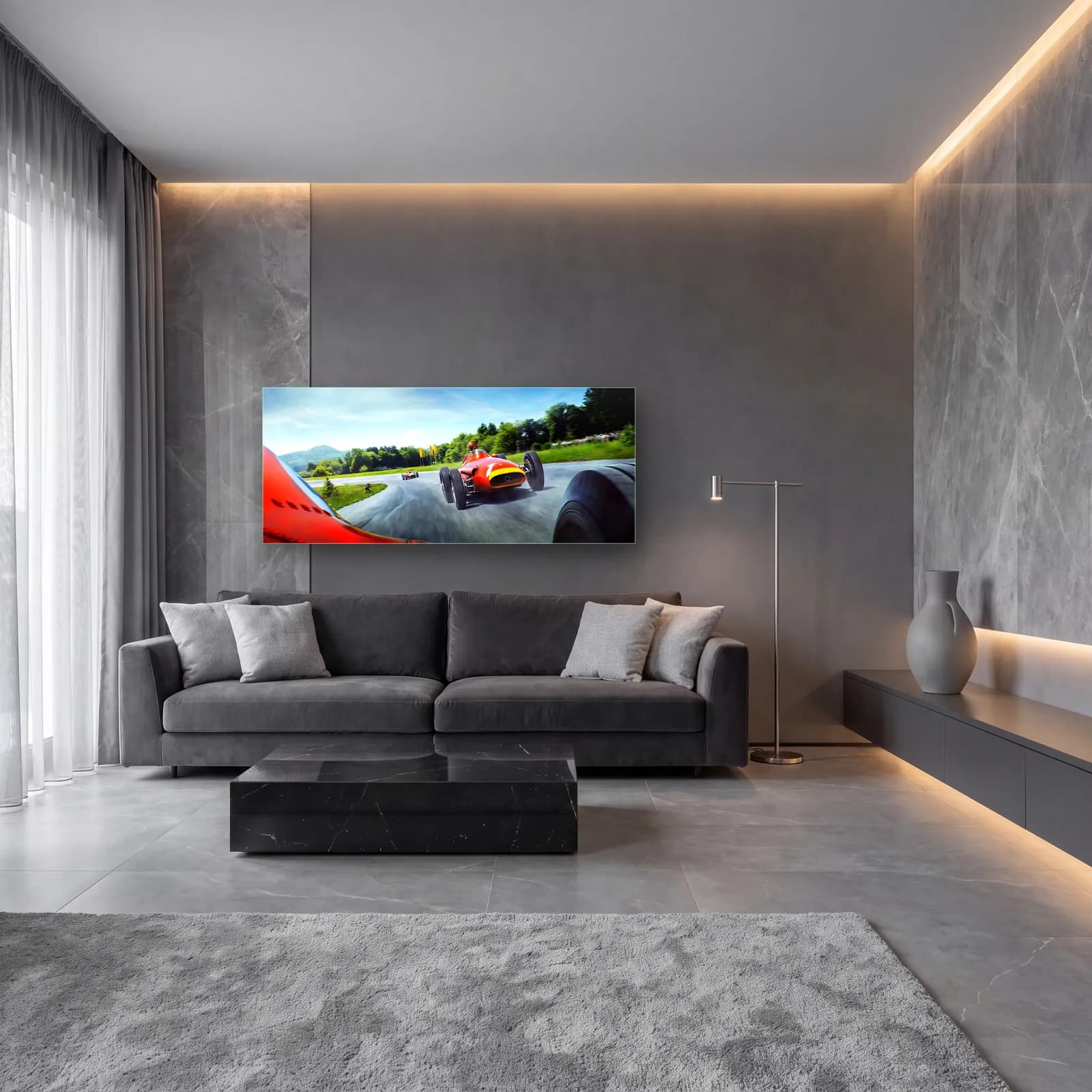 Virajda Kırmızı Klasik Ferrari cam tablo — lüks salon duvarında