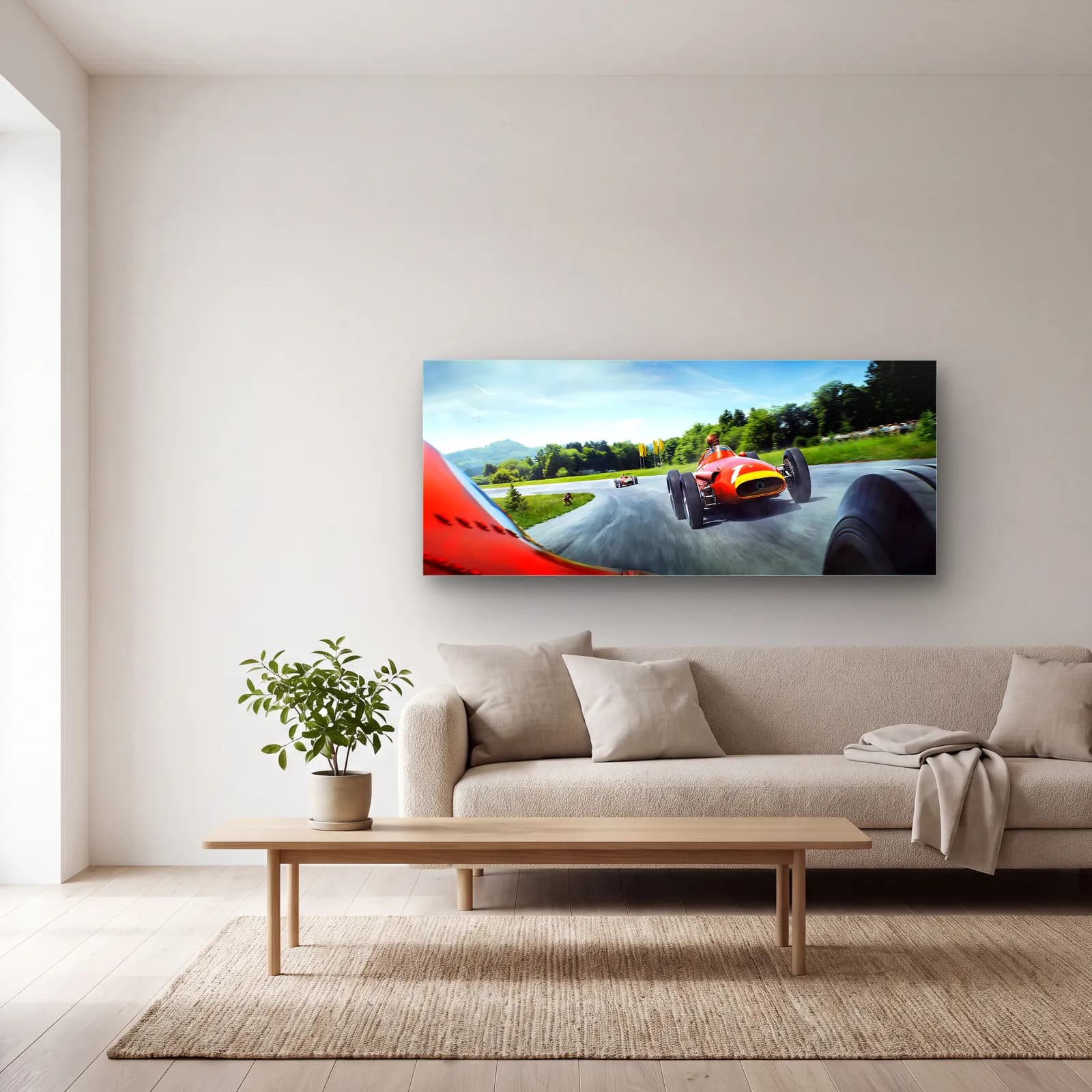 Virajda Kırmızı Klasik Ferrari cam tablo — açık renk salonda