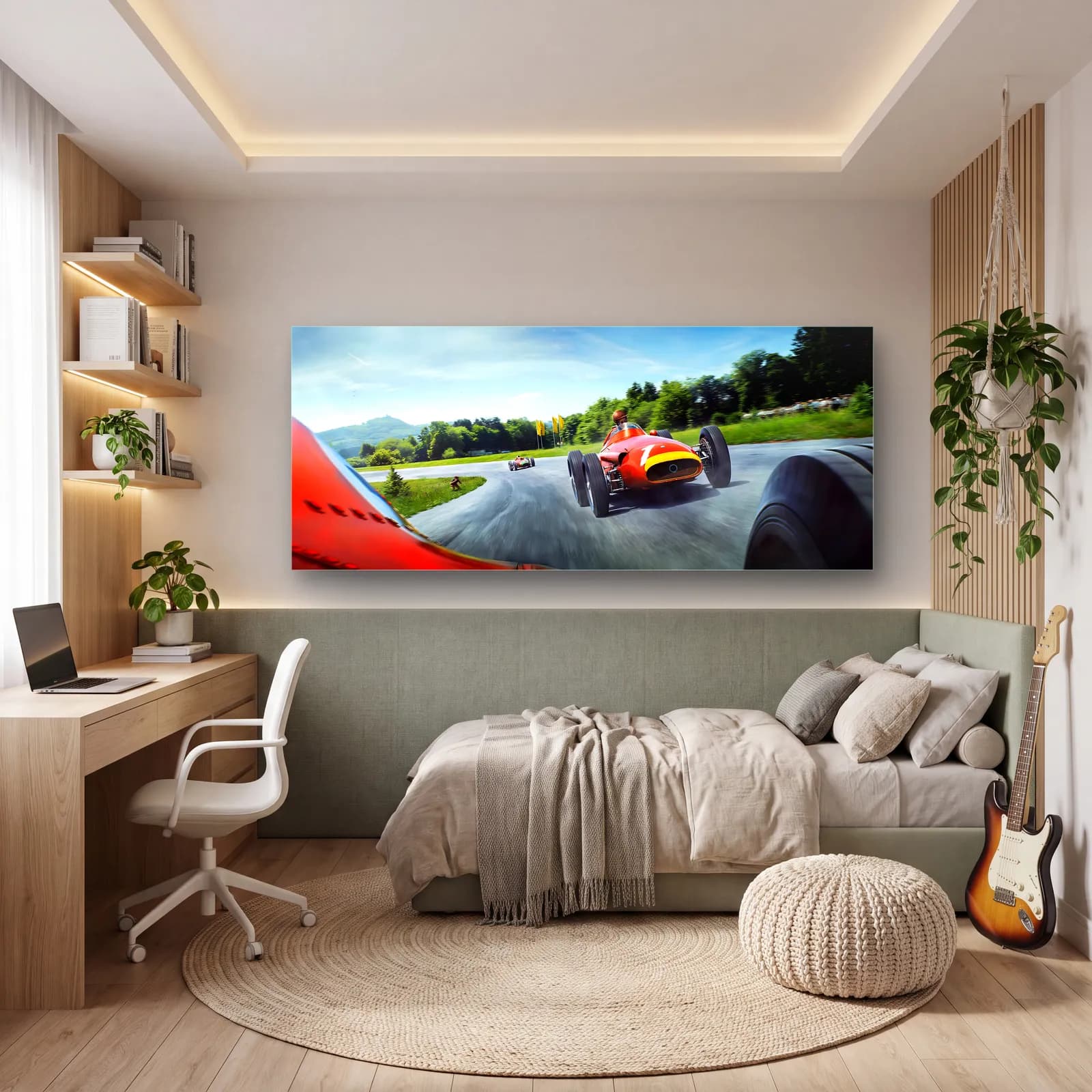 Virajda Kırmızı Klasik Ferrari cam tablo — genç odasında