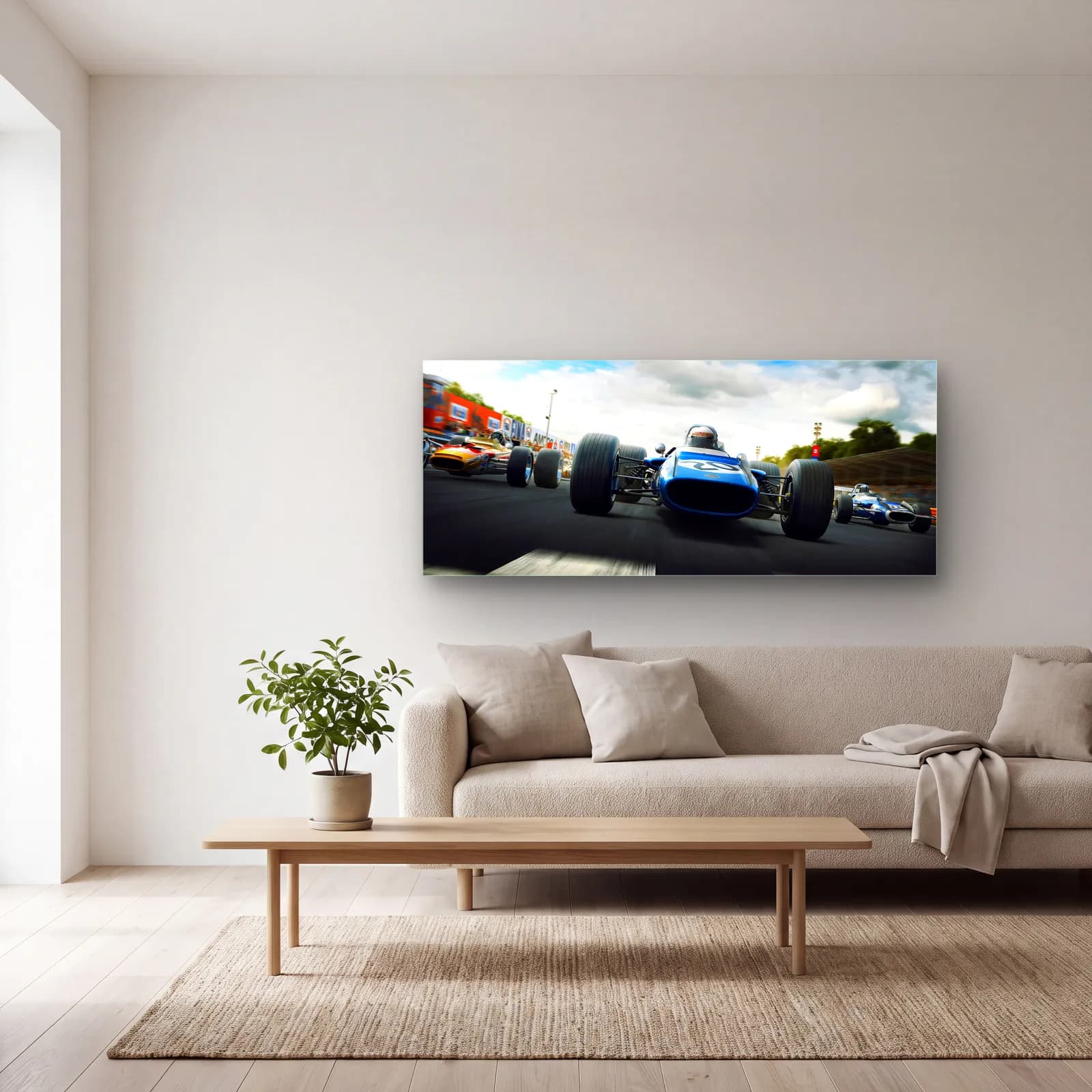 Mavi Klasik Formula Yarış Aracı cam tablo — açık renk salonda