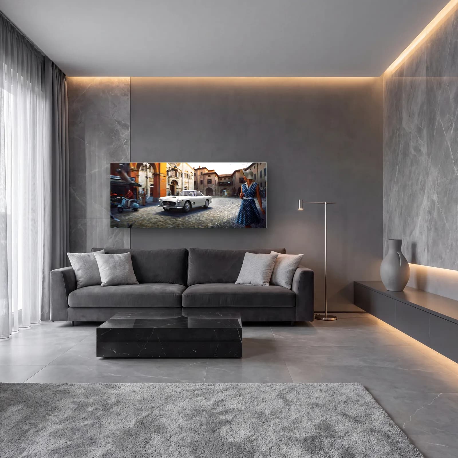 İtalyan Meydanında Beyaz Maserati cam tablo — lüks salon duvarında