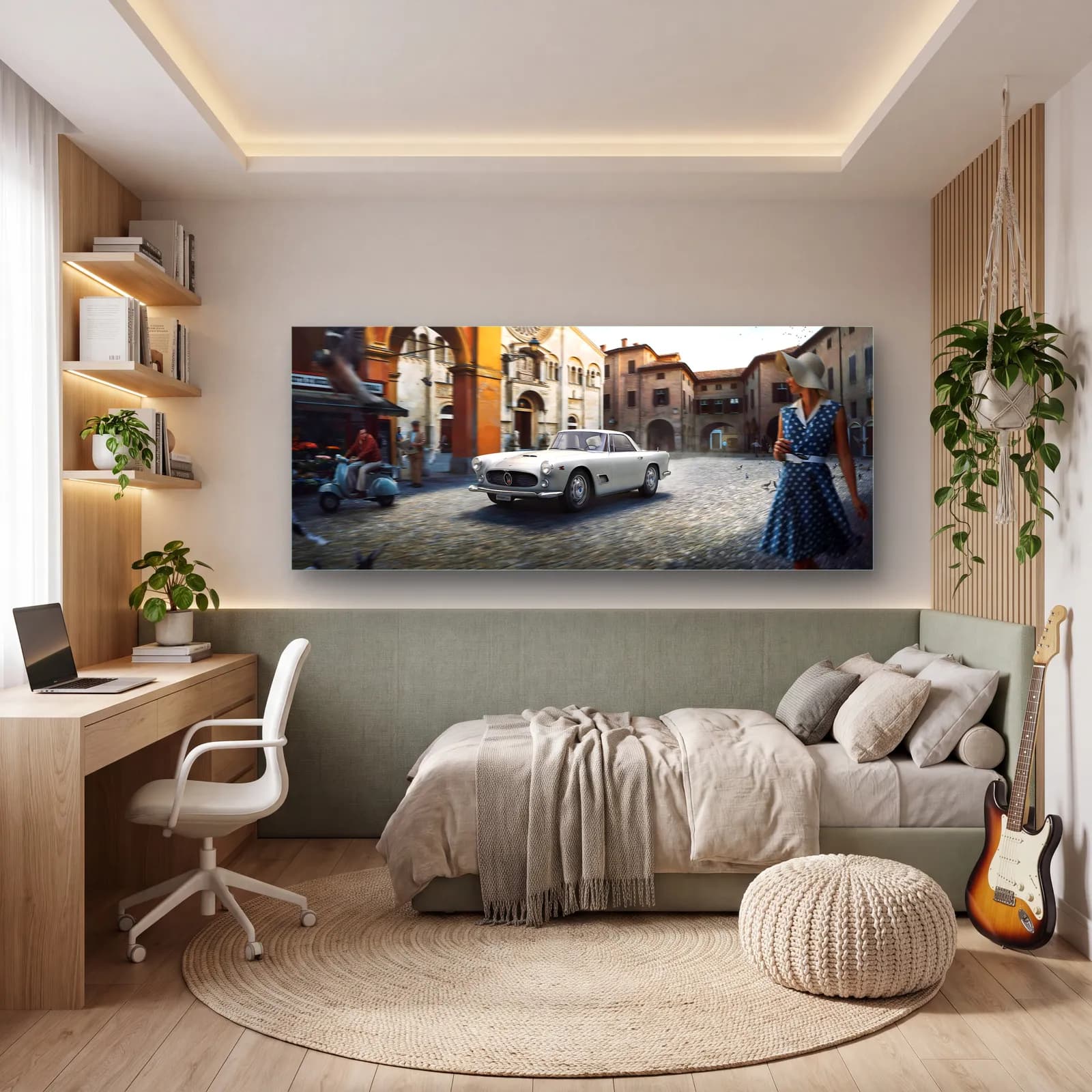 İtalyan Meydanında Beyaz Maserati cam tablo — genç odasında