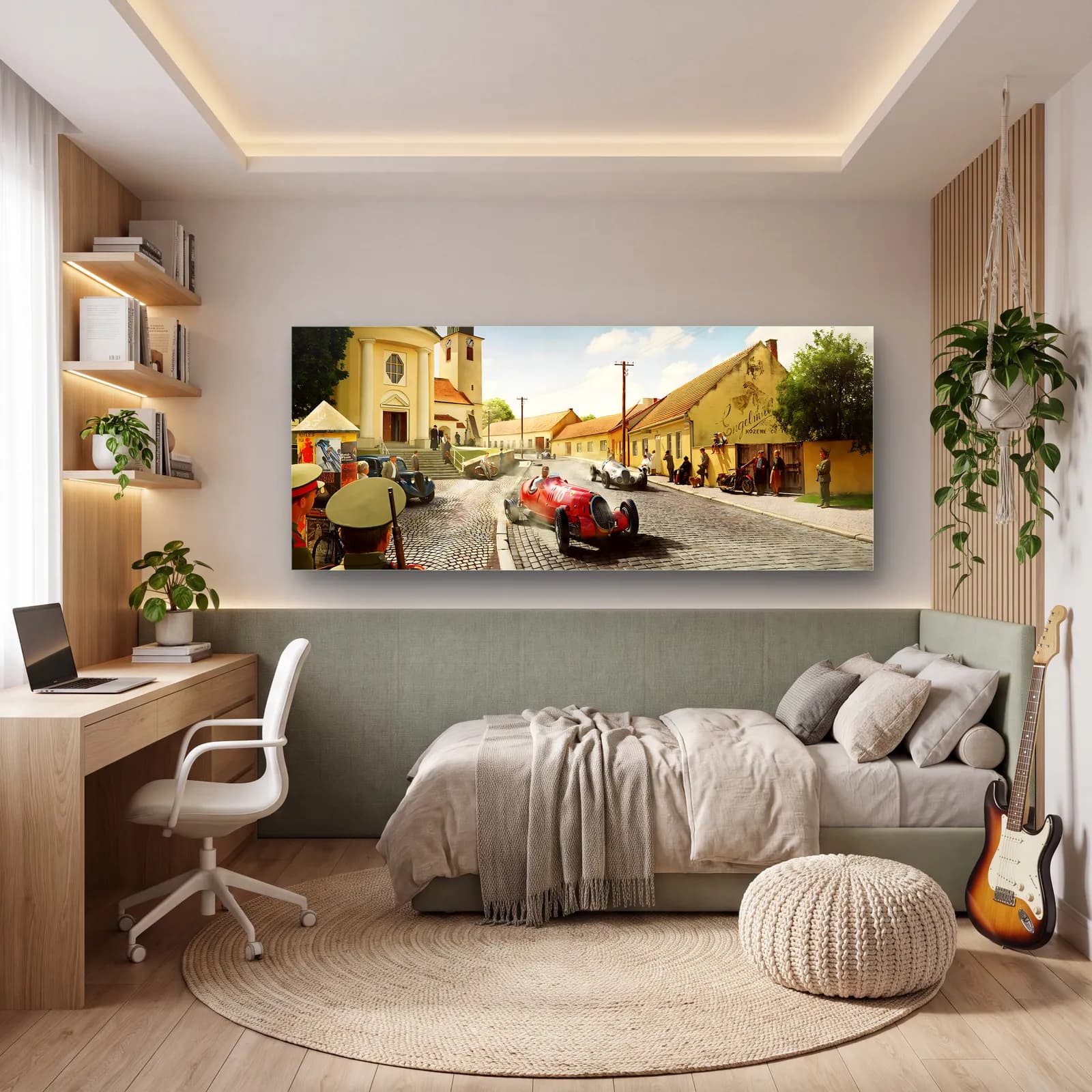 Kasaba Meydanında Kırmızı Alfa Romeo cam tablo — genç odasında
