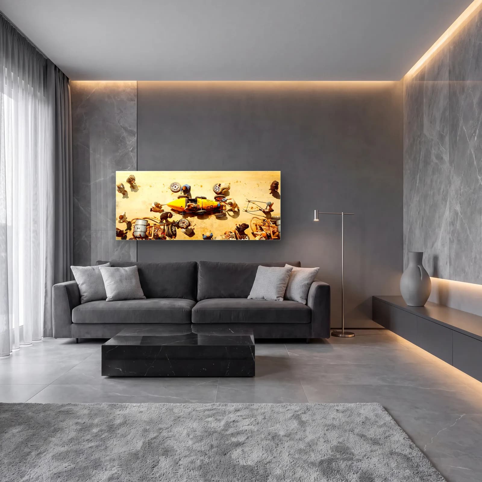 Sökülmüş Sarı Yarış Arabası cam tablo — lüks salon duvarında