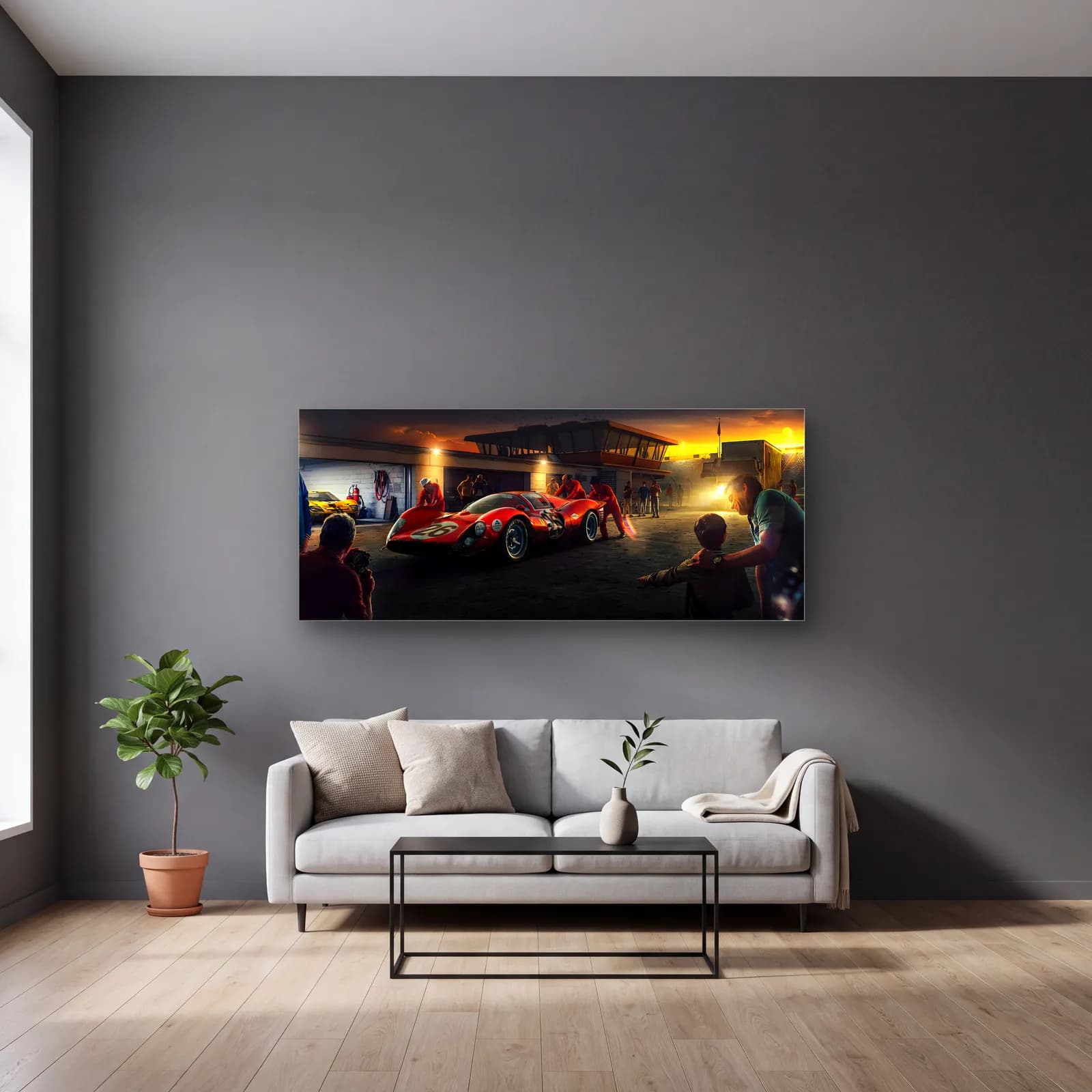 Gece Pitinde Kırmızı Ferrari Prototip cam tablo — gri duvarlı salonda
