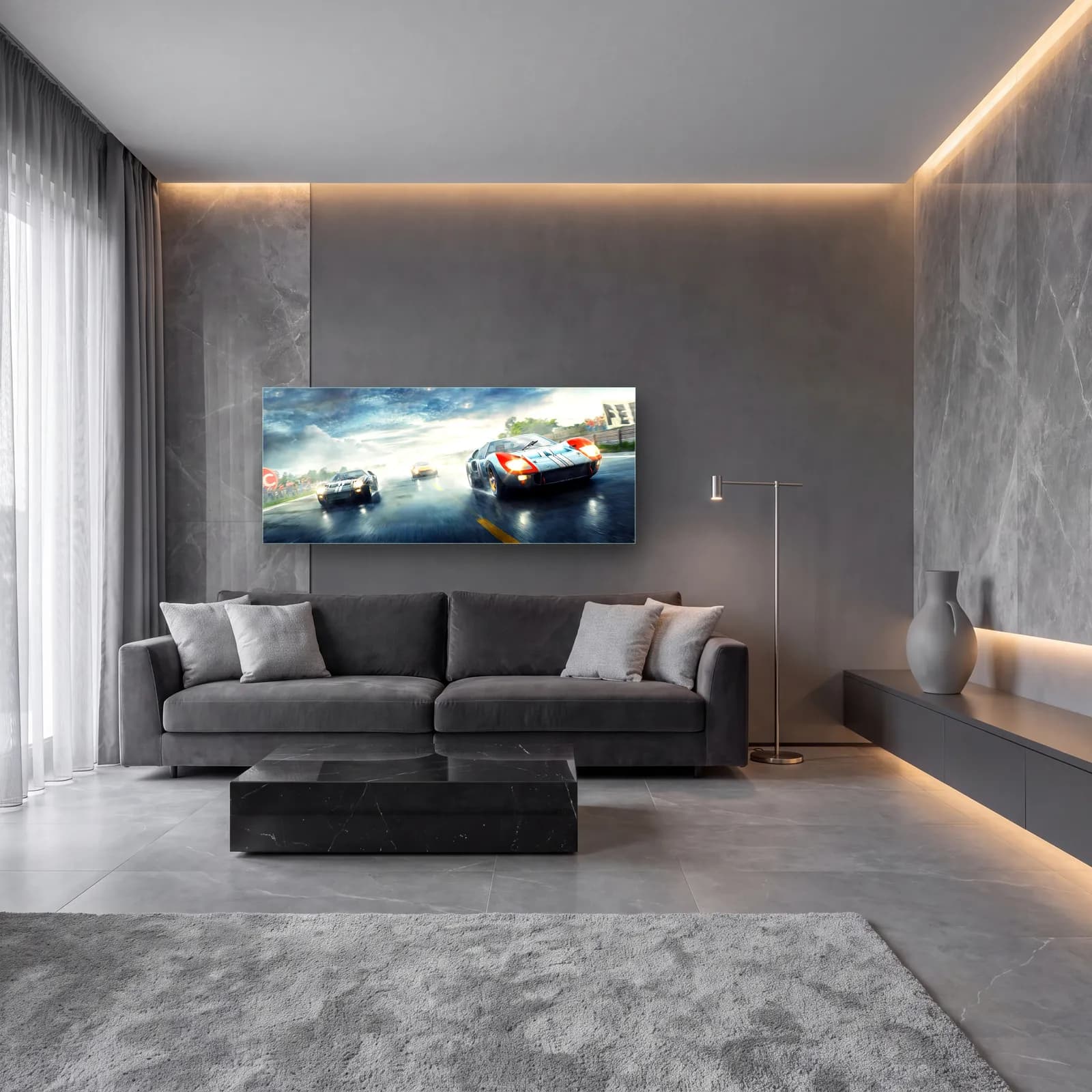 Yağmurda Gulf Ford GT40 cam tablo — lüks salon duvarında