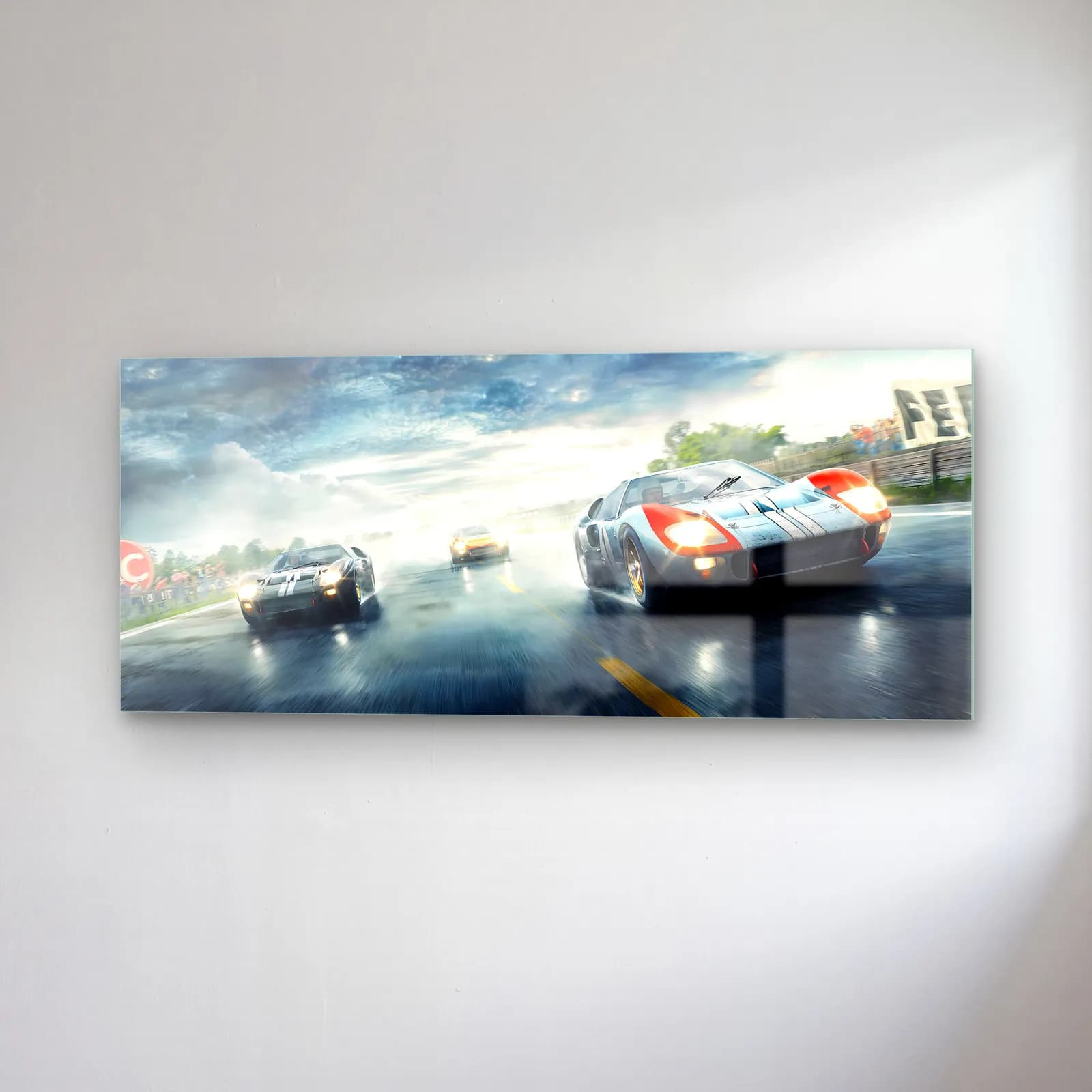 Yağmurda Gulf Ford GT40 cam tablo — sağ açıdan görünüm