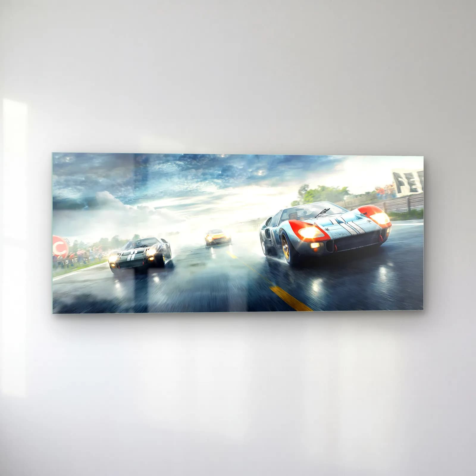 Yağmurda Gulf Ford GT40 cam tablo — sol açıdan görünüm