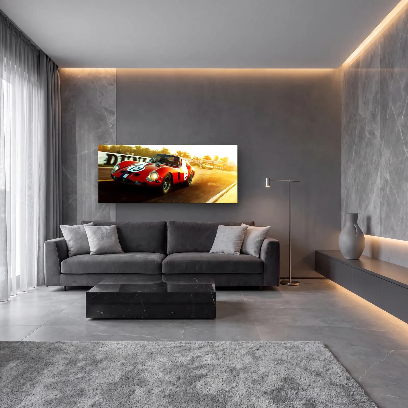 Gün Batımında Ferrari 250 GTO cam tablo — lüks salon duvarında