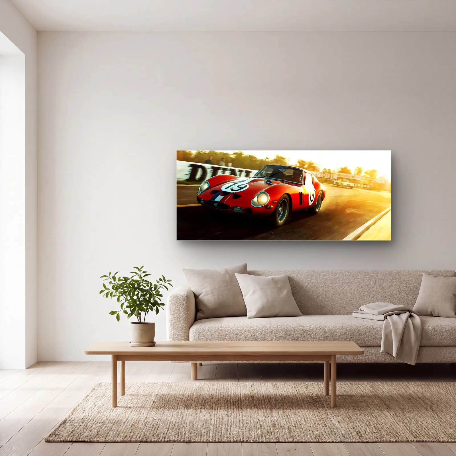 Gün Batımında Ferrari 250 GTO cam tablo — açık renk salonda