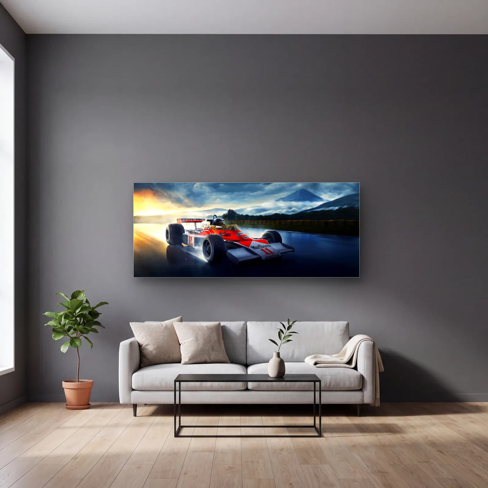 Fuji Önünde McLaren M23 cam tablo — gri duvarlı salonda