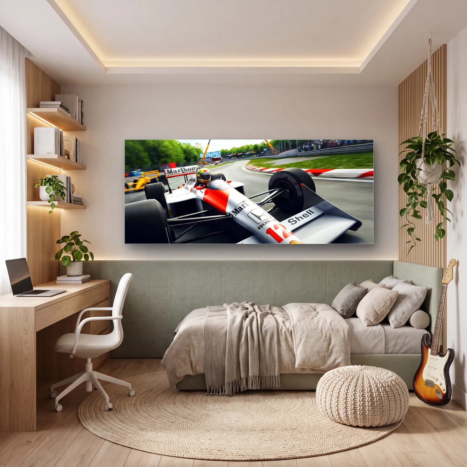 Virajda McLaren MP4/4 cam tablo — genç odasında