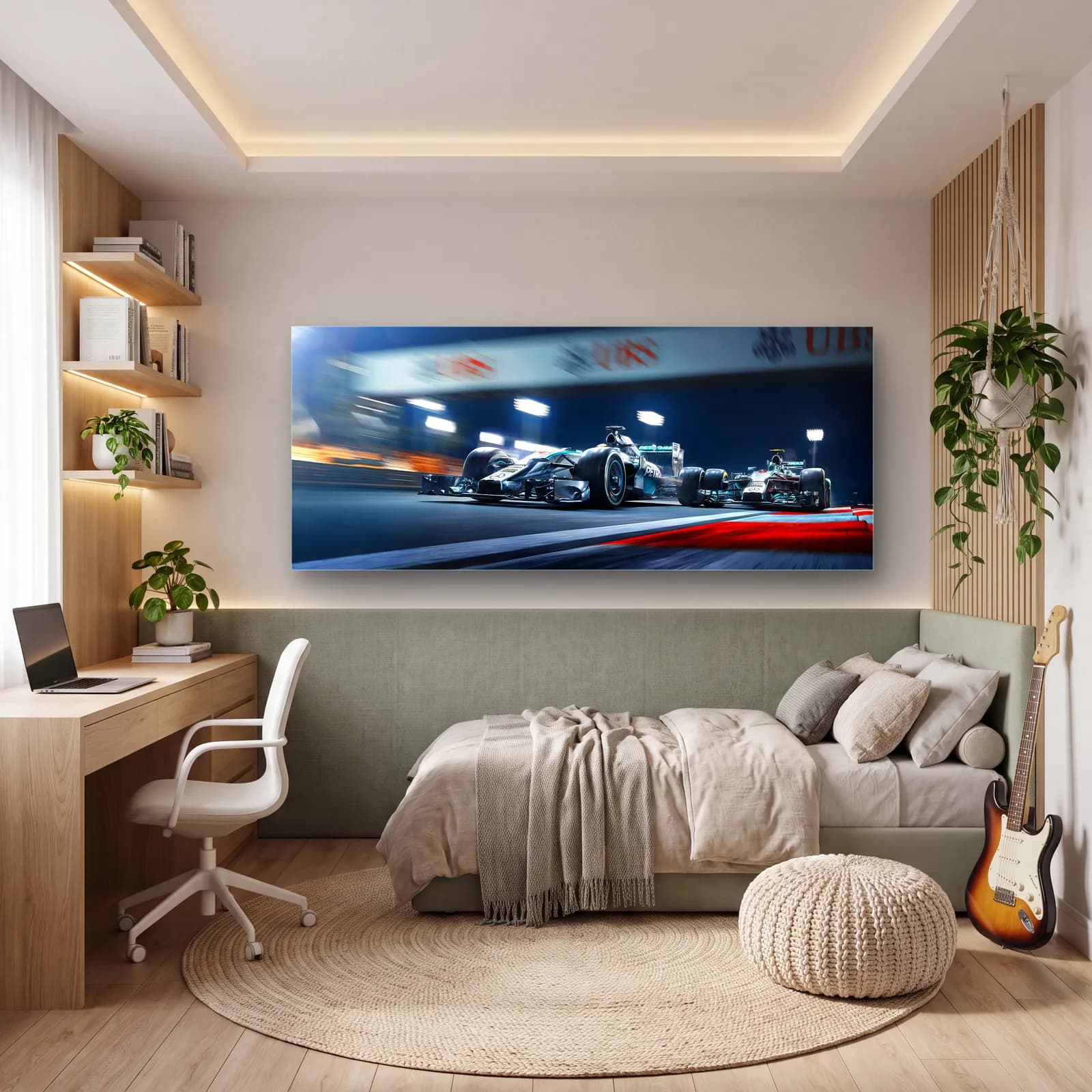 Gece Yarışında Mercedes F1 cam tablo — genç odasında