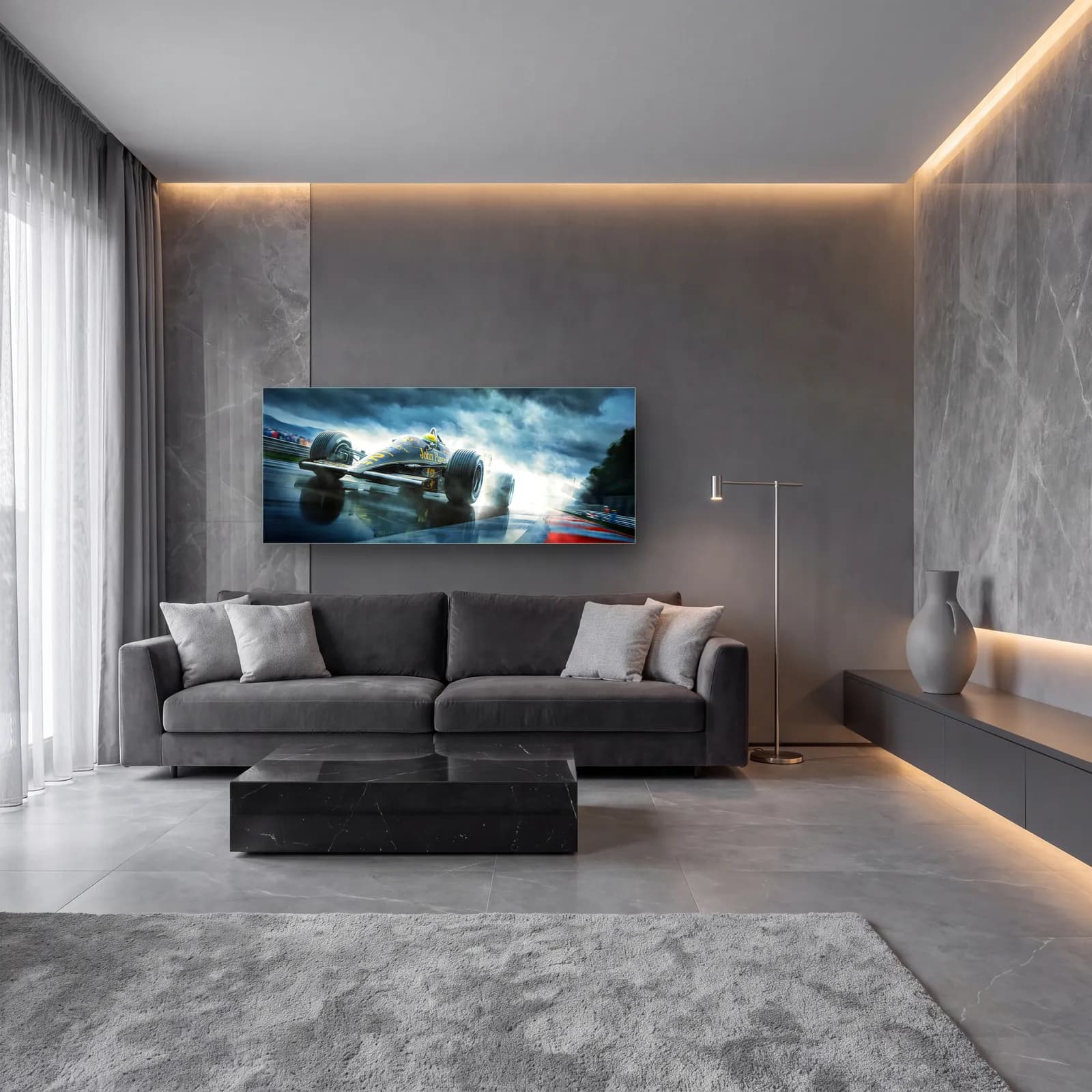 Yağmurda Siyah Lotus F1 cam tablo — lüks salon duvarında