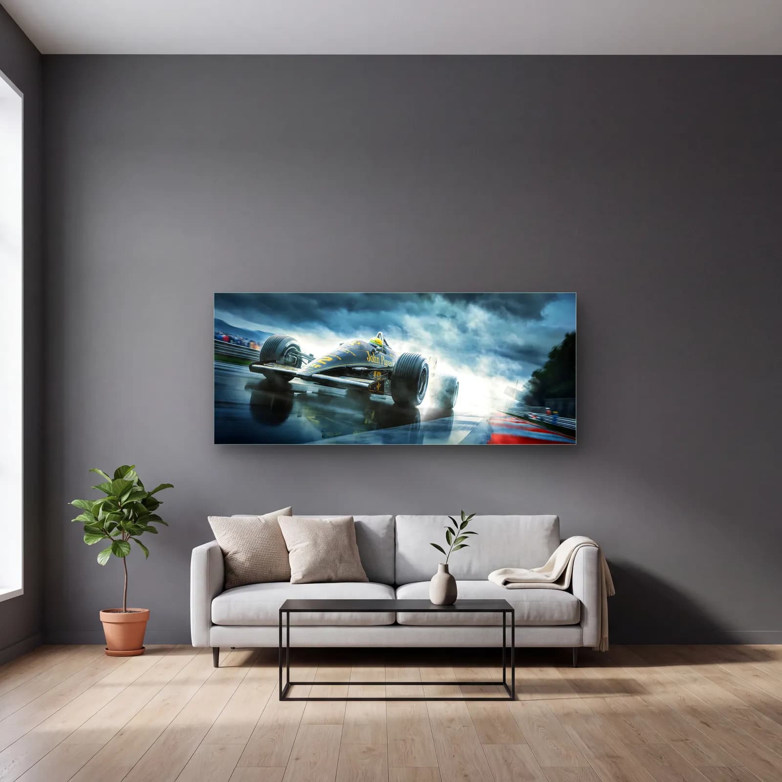 Yağmurda Siyah Lotus F1 cam tablo — gri duvarlı salonda