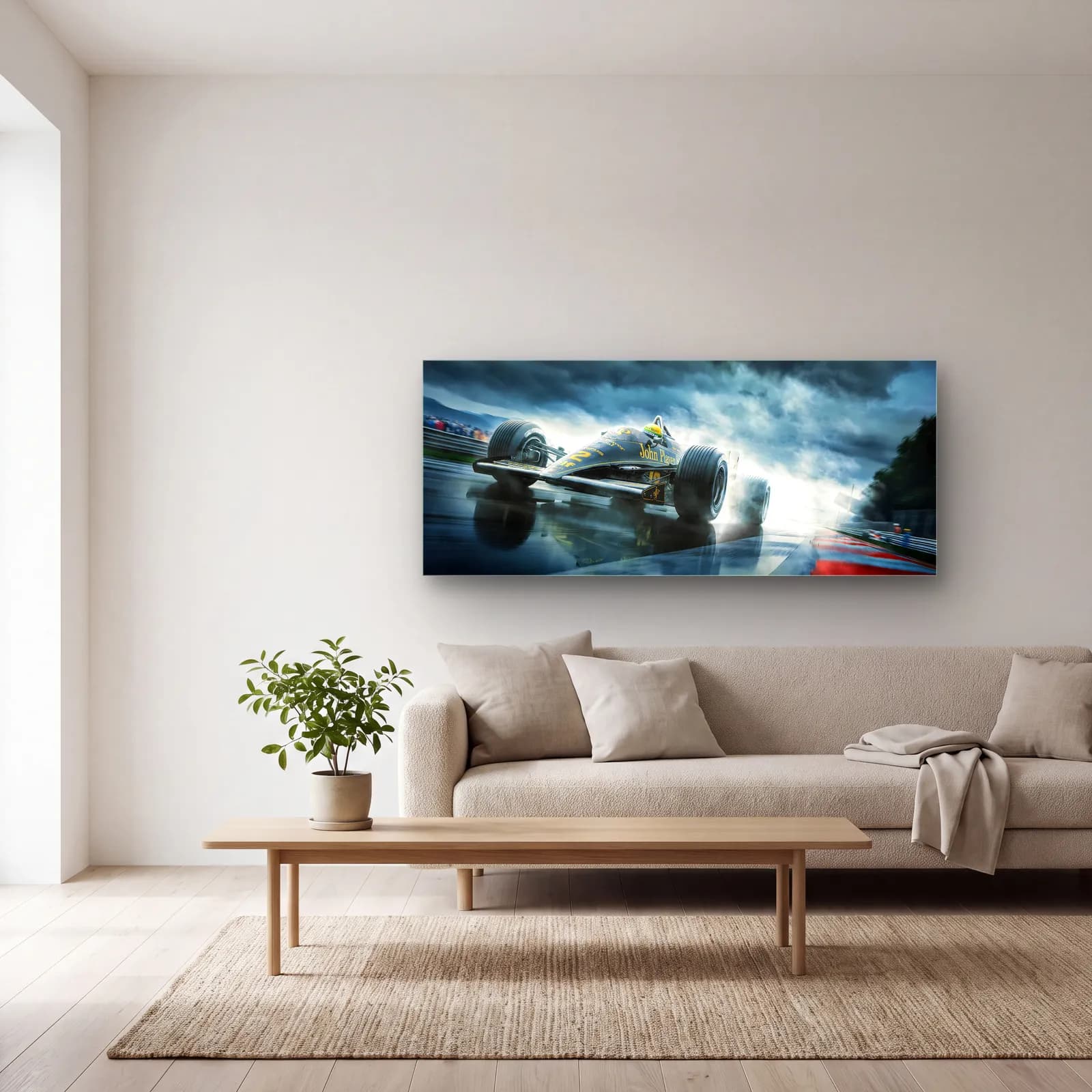 Yağmurda Siyah Lotus F1 cam tablo — açık renk salonda