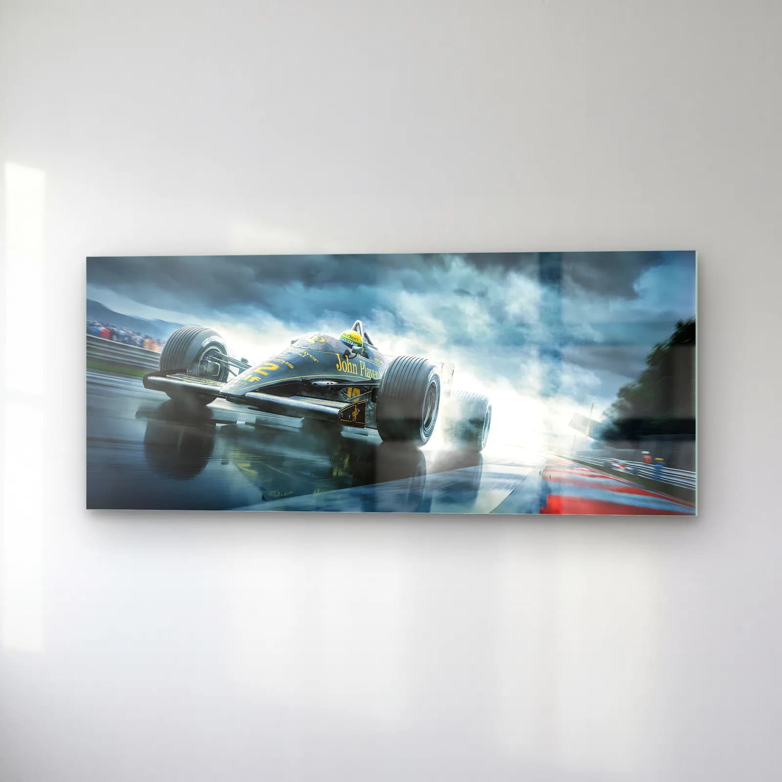 Yağmurda Siyah Lotus F1 cam tablo — sağ açıdan görünüm