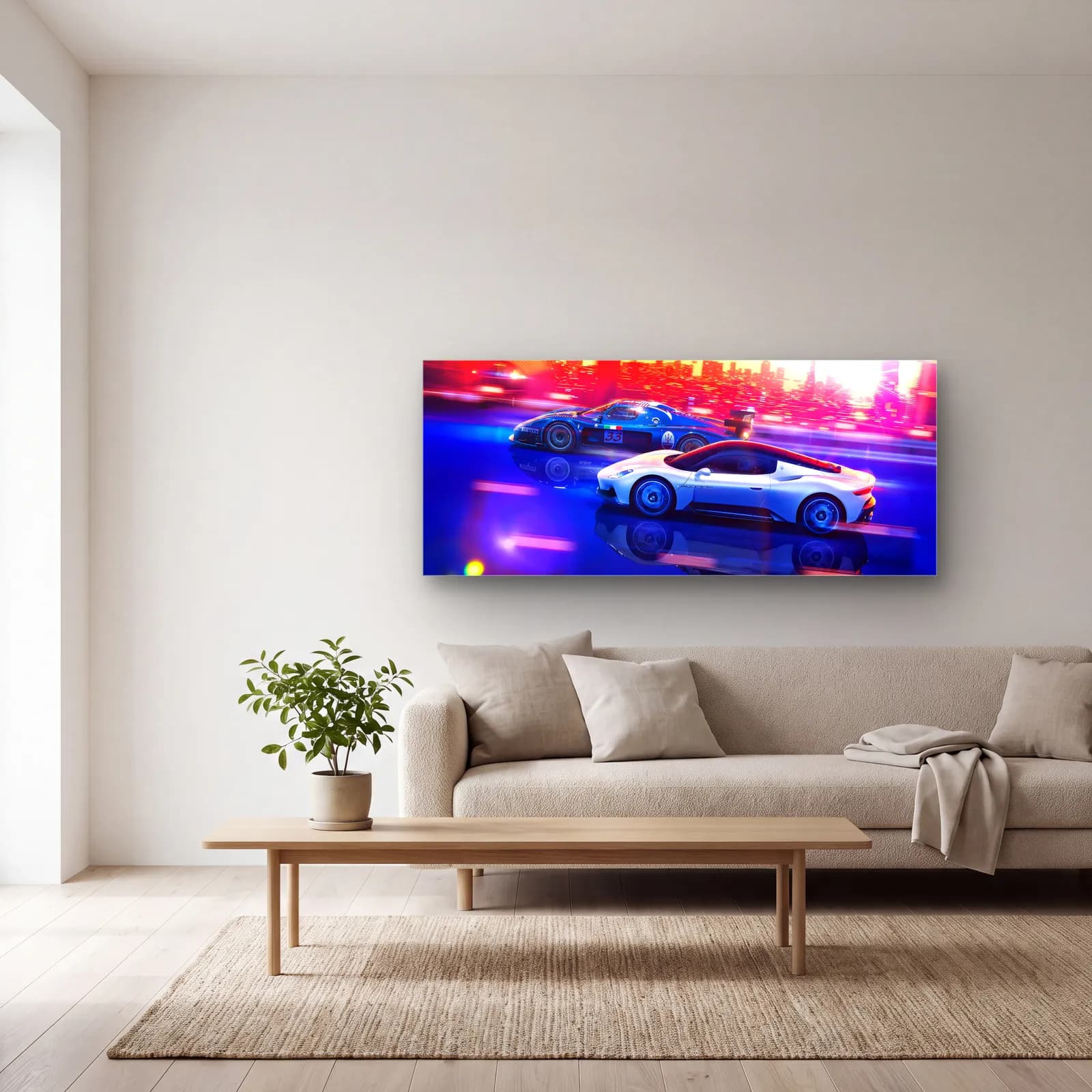 Neon Şehirde Beyaz Süper Otomobil cam tablo — açık renk salonda