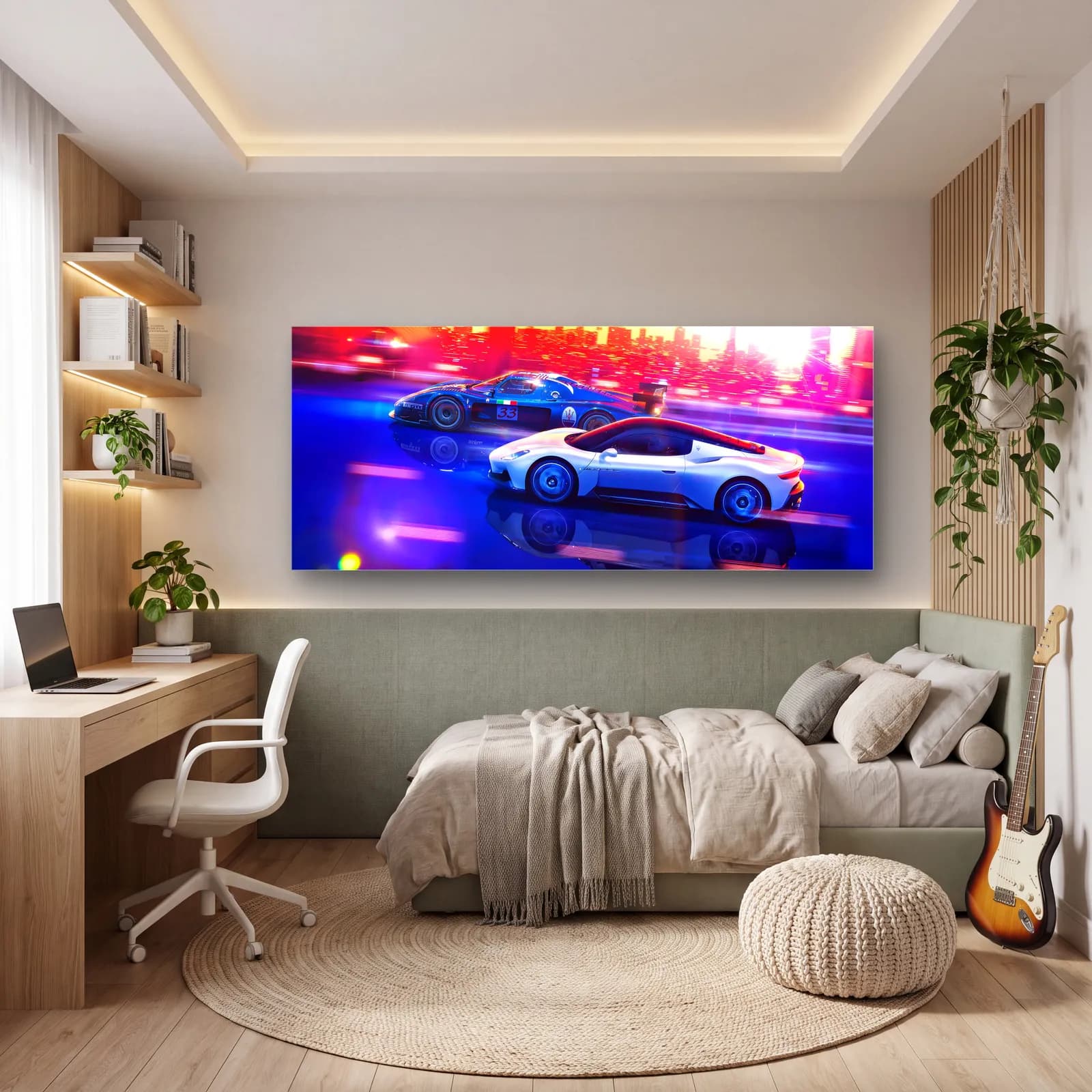Neon Şehirde Beyaz Süper Otomobil cam tablo — genç odasında