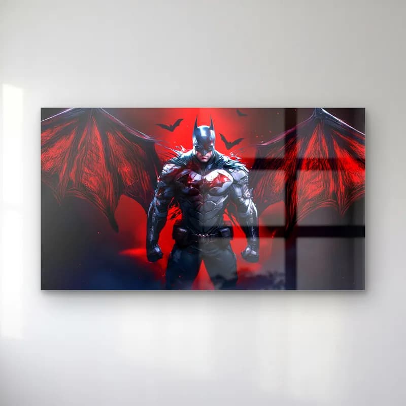 Kırmızı Kanatlı Batman cam tablo — Kırmızı fonda yarasa kanatlarını açmış zırhlı Batman ve uçan yarasalar