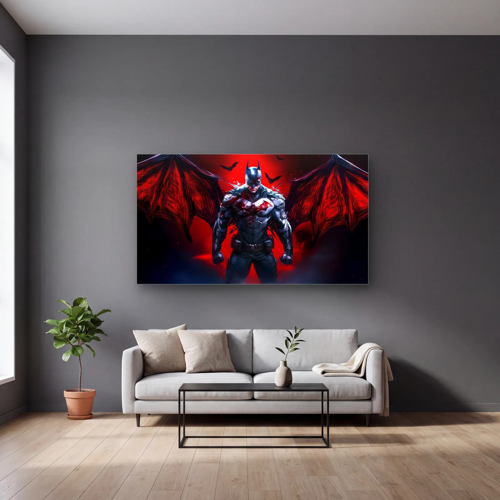 Kırmızı Kanatlı Batman cam tablo — gri duvarlı salonda