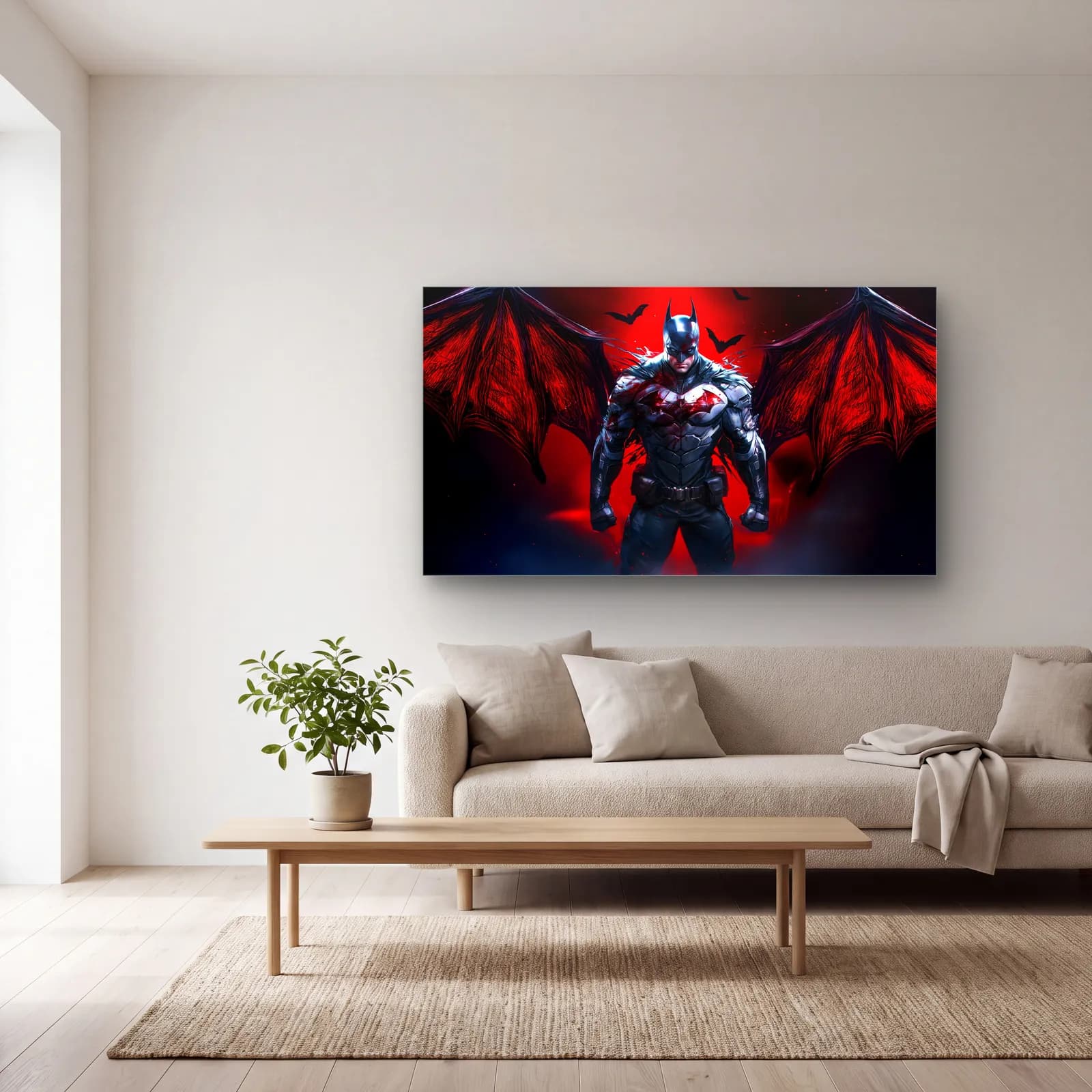 Kırmızı Kanatlı Batman cam tablo — açık renk salonda