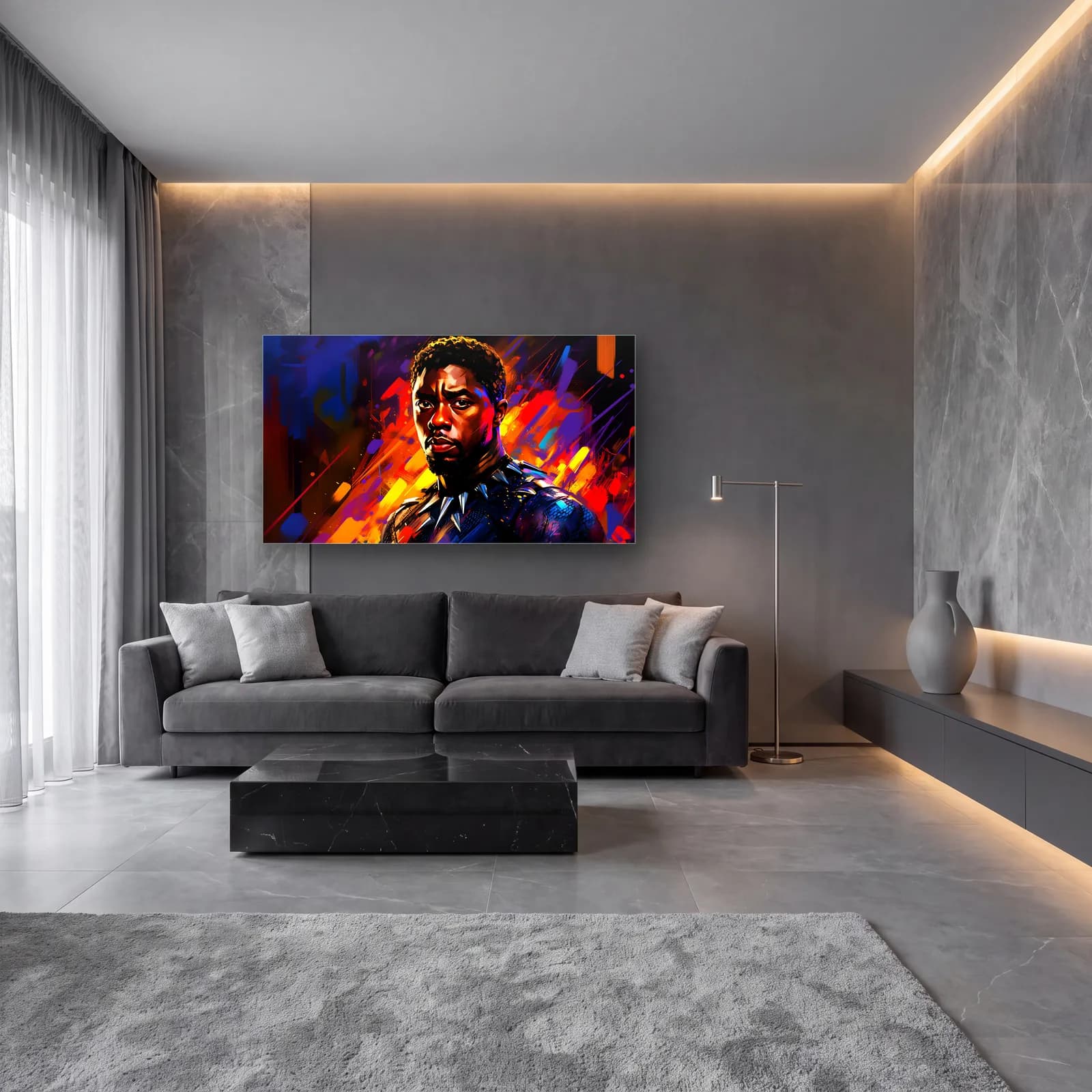 Black Panther Renkli Portre cam tablo — lüks salon duvarında