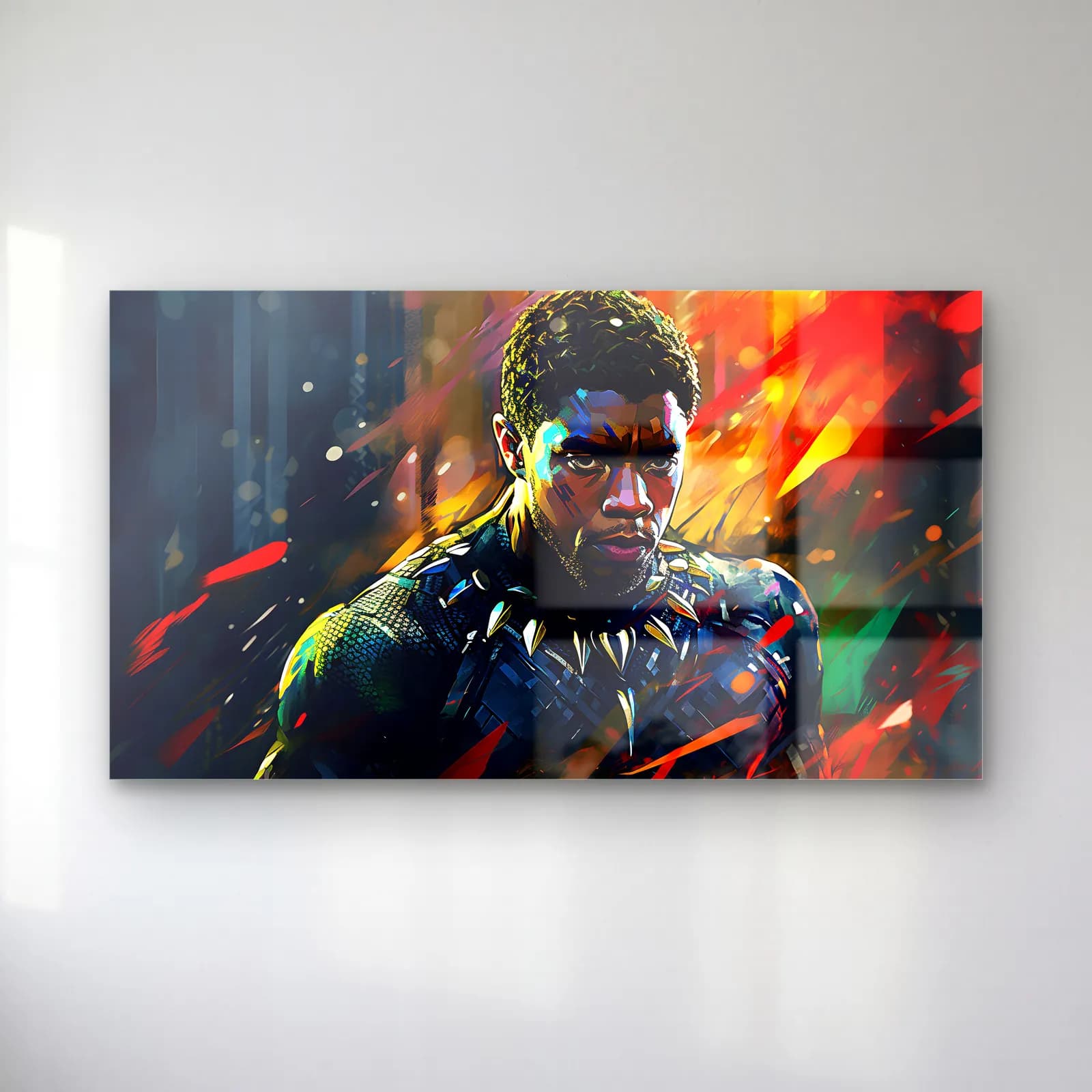 Black Panther Karanlık Portre cam tablo — Koyu mavi fonda kıvılcımlar arasında kolyeli zırhlı Black Panther