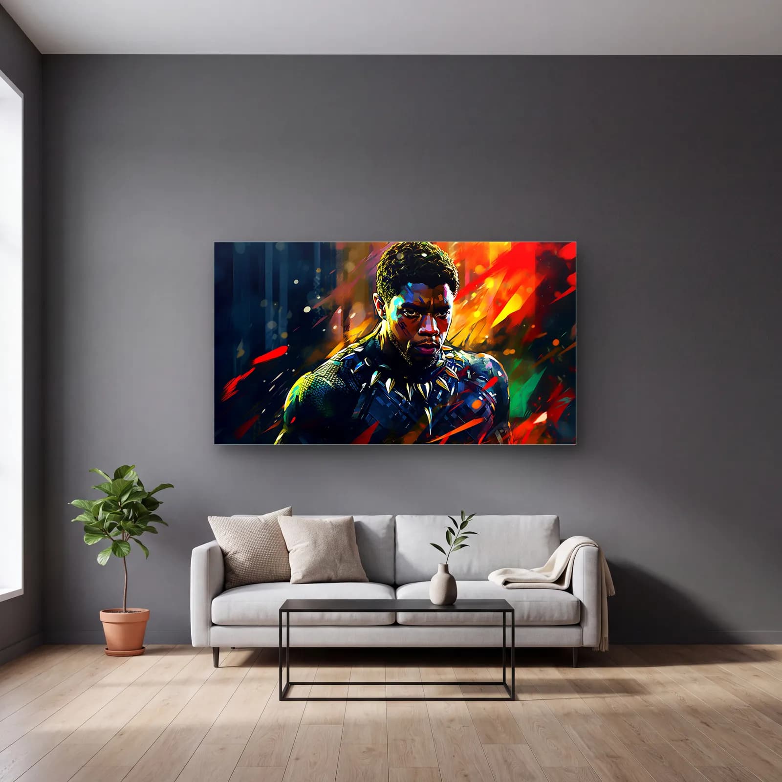 Black Panther Karanlık Portre cam tablo — gri duvarlı salonda
