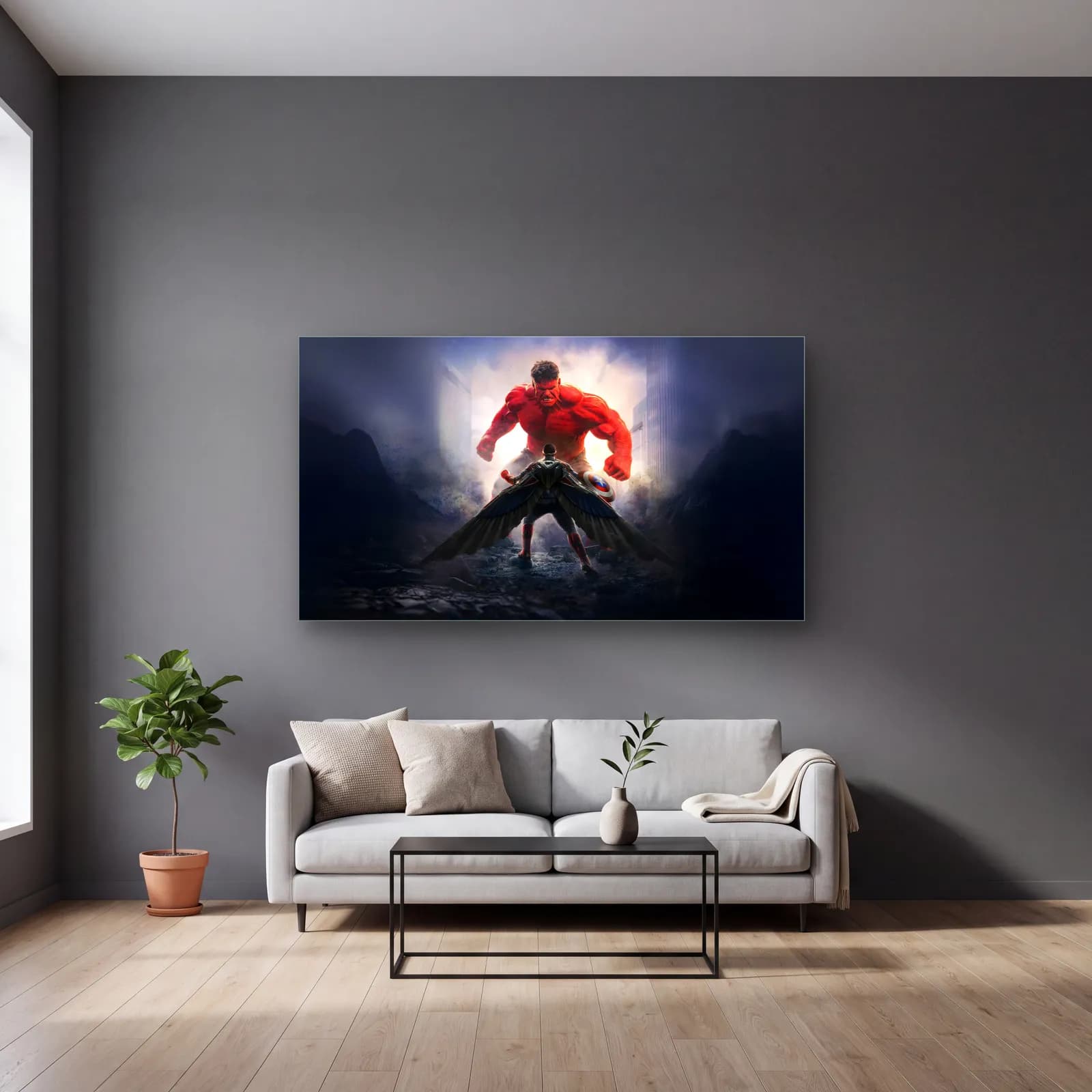 Red Hulk Sisli Dağlarda cam tablo — gri duvarlı salonda
