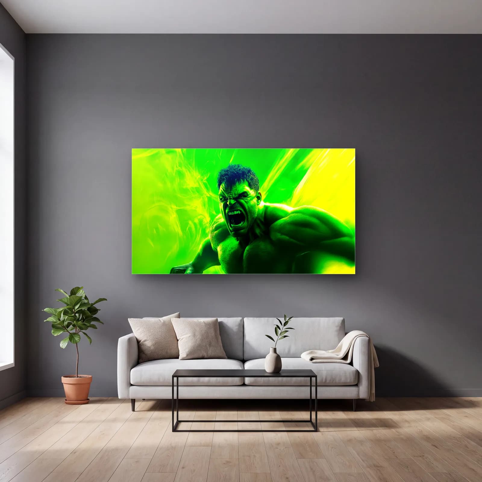Hulk Neon Yeşil cam tablo — gri duvarlı salonda
