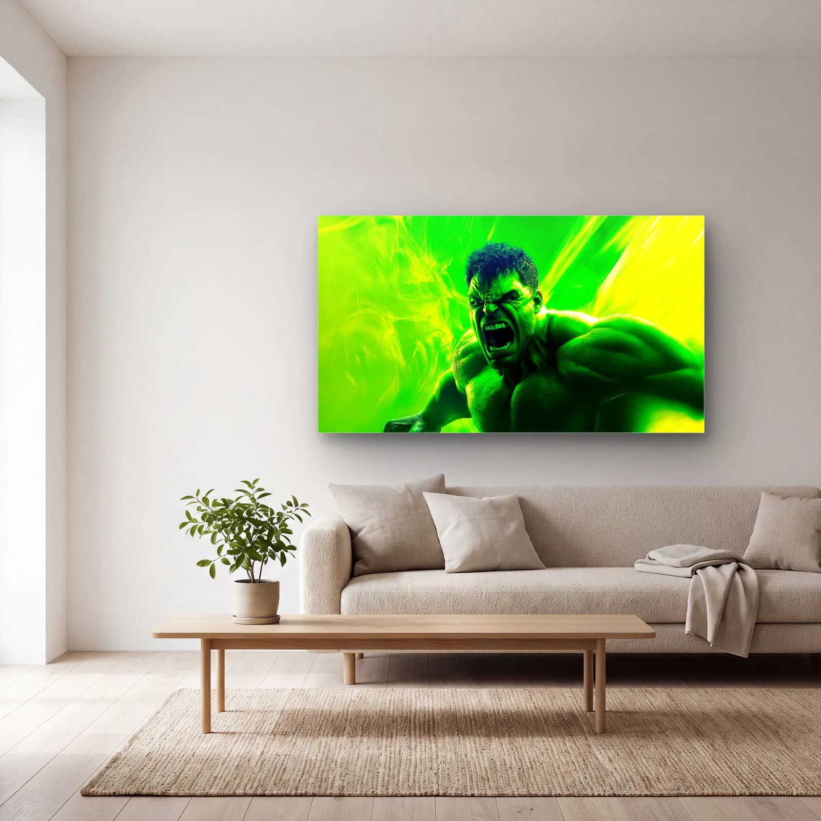 Hulk Neon Yeşil cam tablo — açık renk salonda