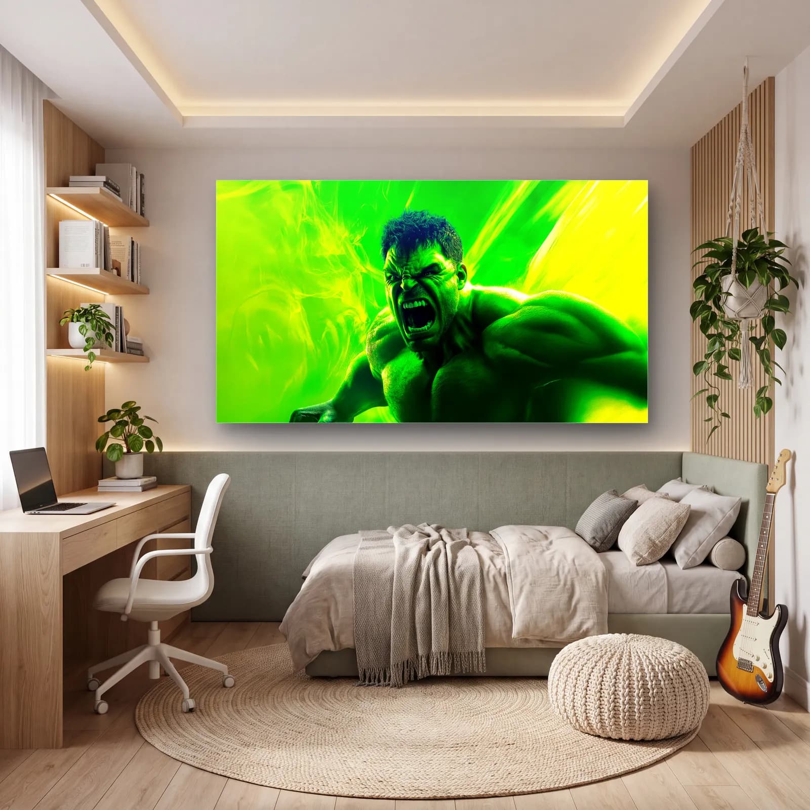 Hulk Neon Yeşil cam tablo — genç odasında