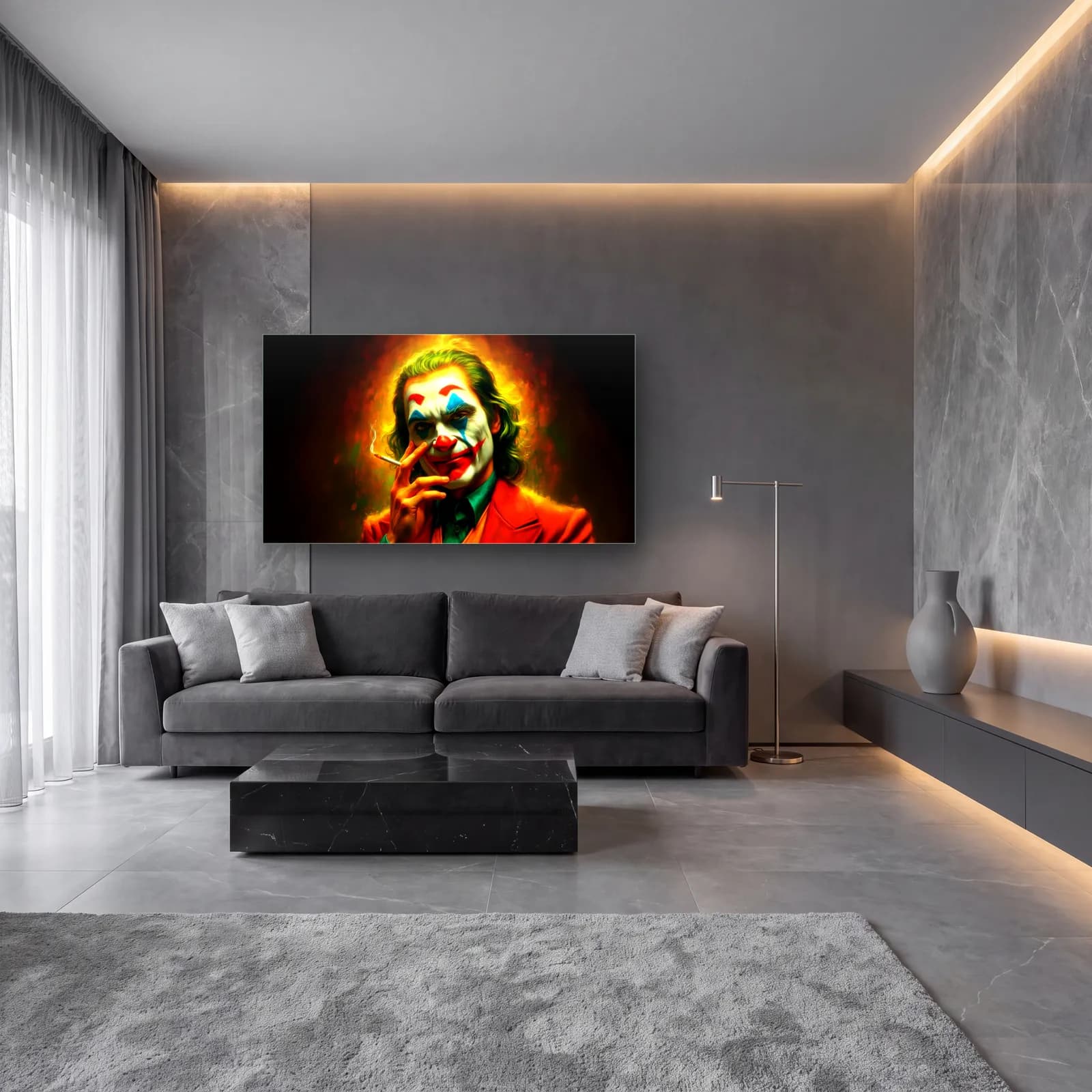 Joker Sigara Molası cam tablo — lüks salon duvarında