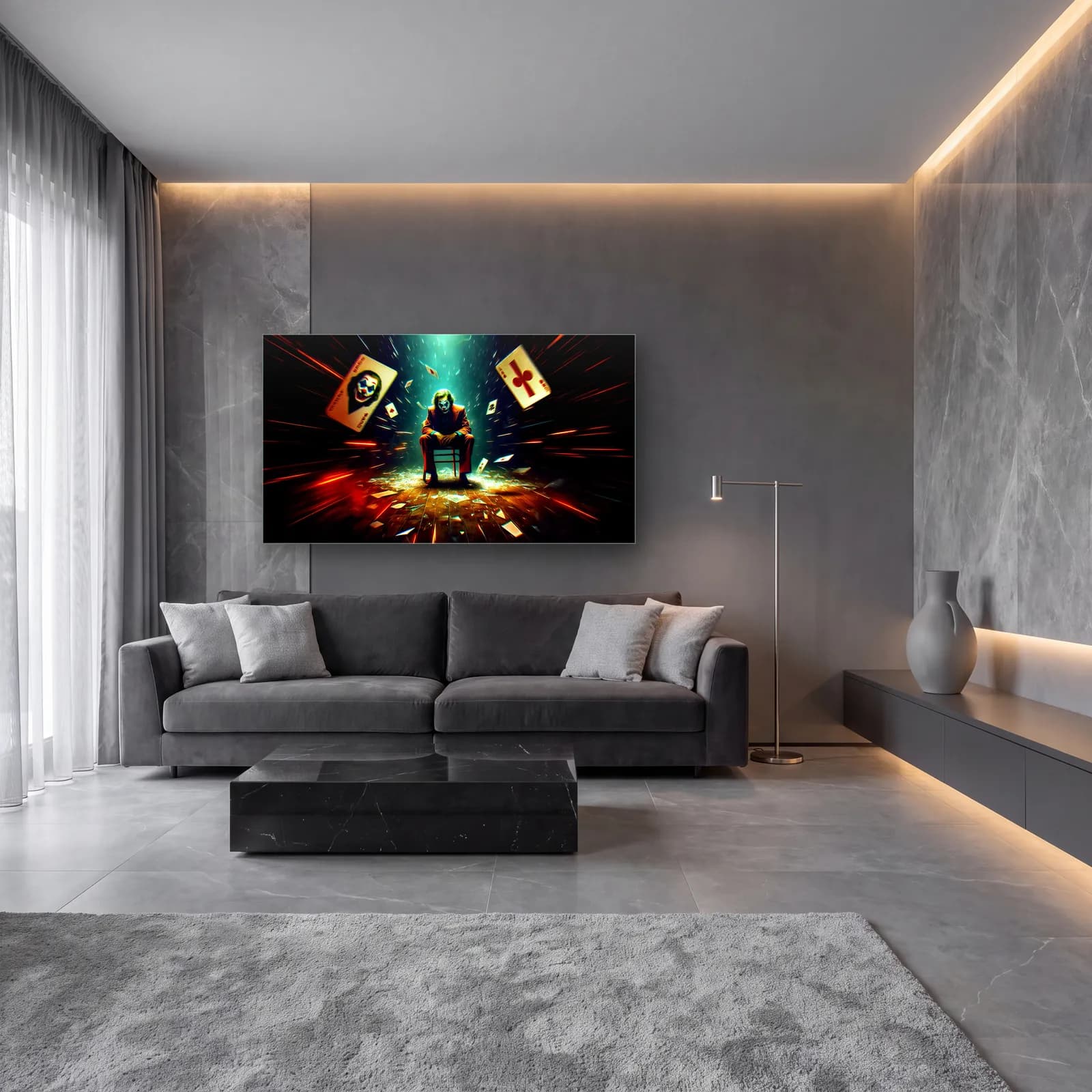 Joker İskambil Kartları cam tablo — lüks salon duvarında