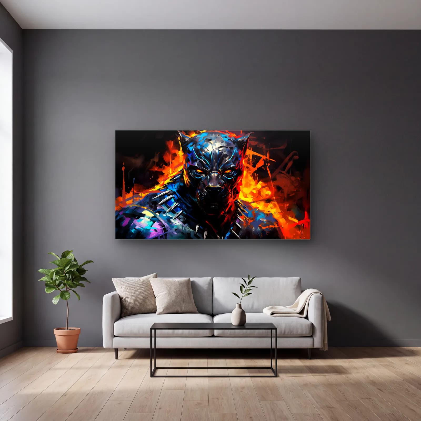 Black Panther Maskeli Portre cam tablo — gri duvarlı salonda