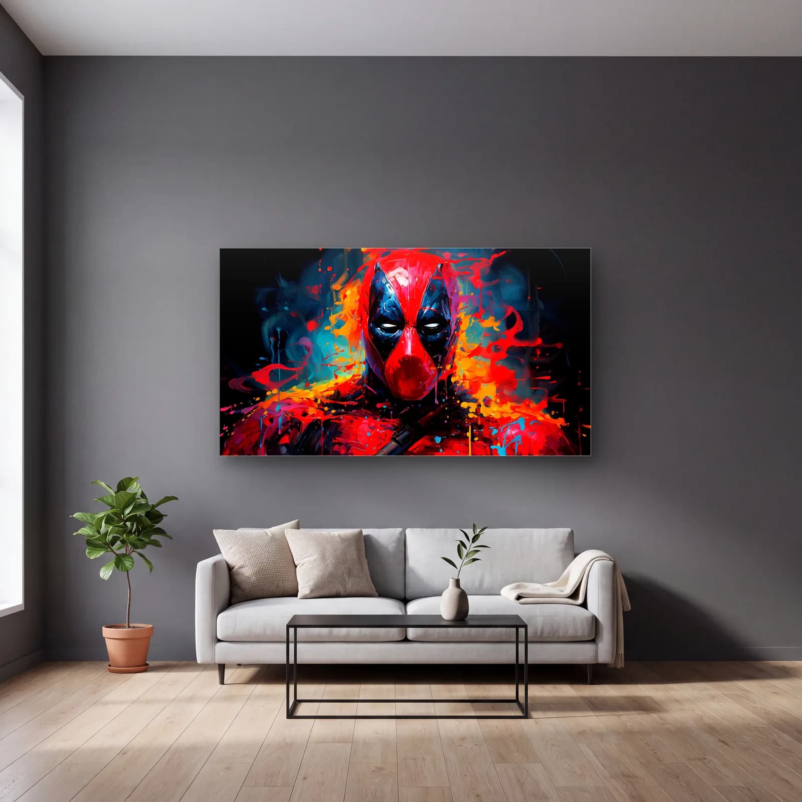 Deadpool Renkli Portre cam tablo — gri duvarlı salonda