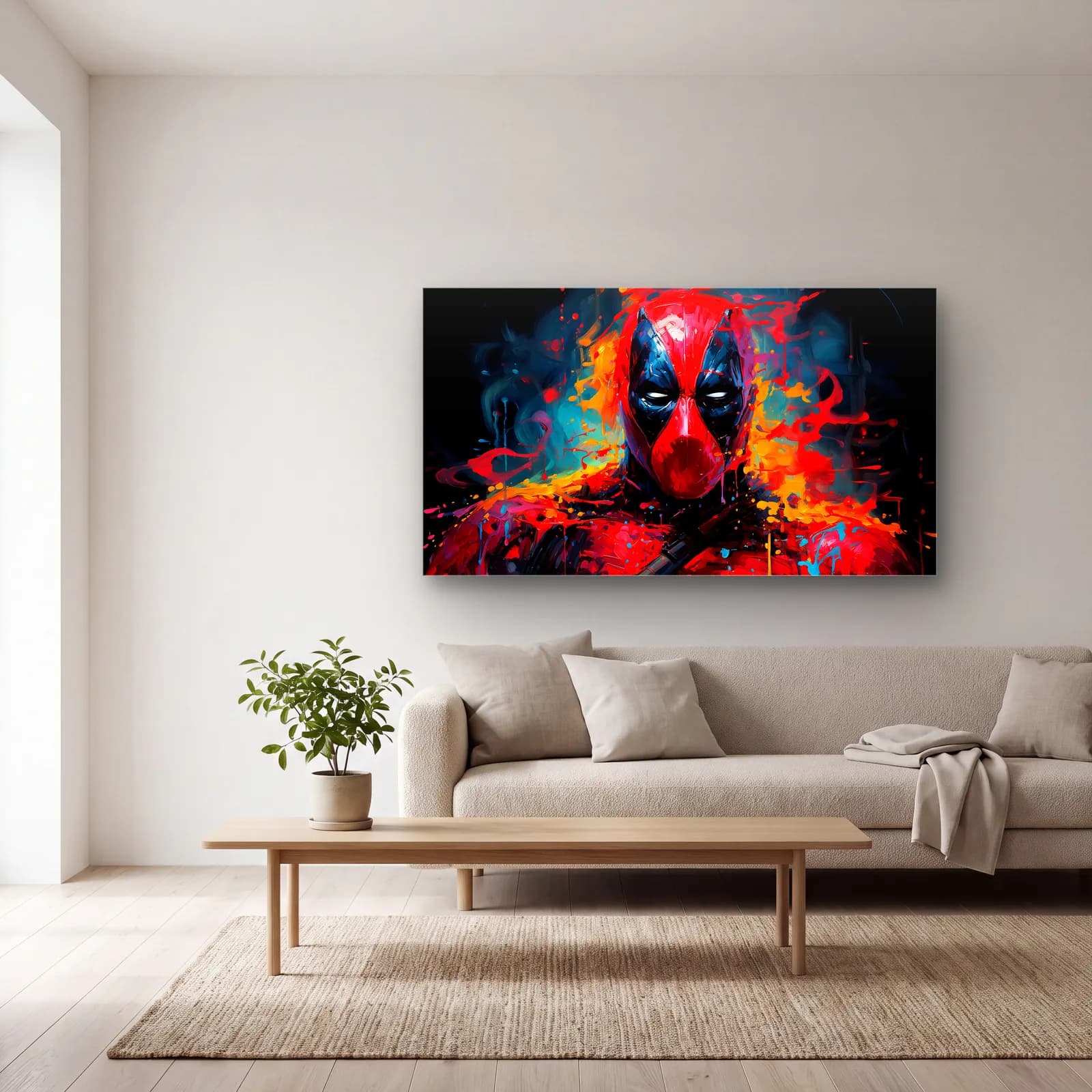 Deadpool Renkli Portre cam tablo — açık renk salonda