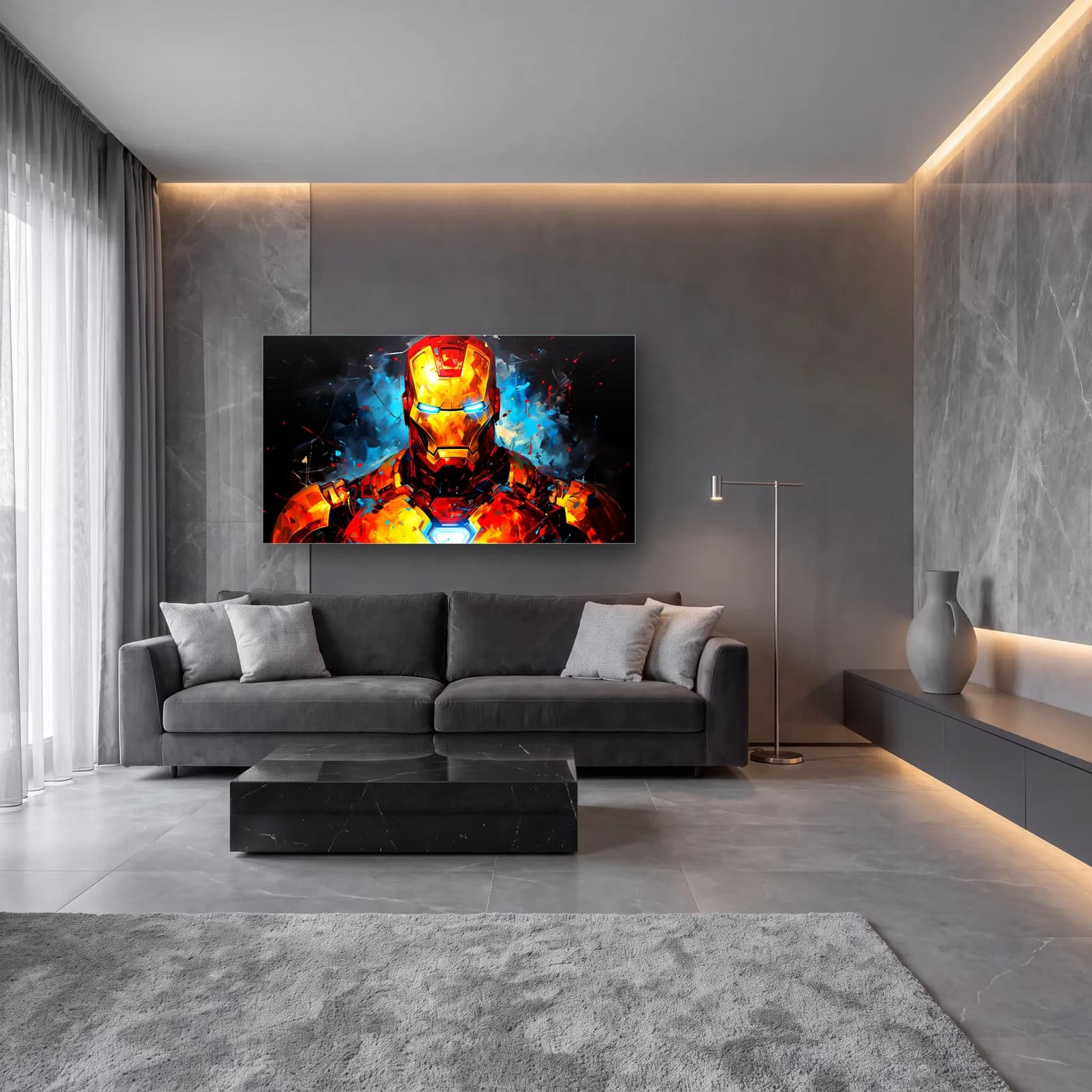 Iron Man Renkli Portre cam tablo — lüks salon duvarında