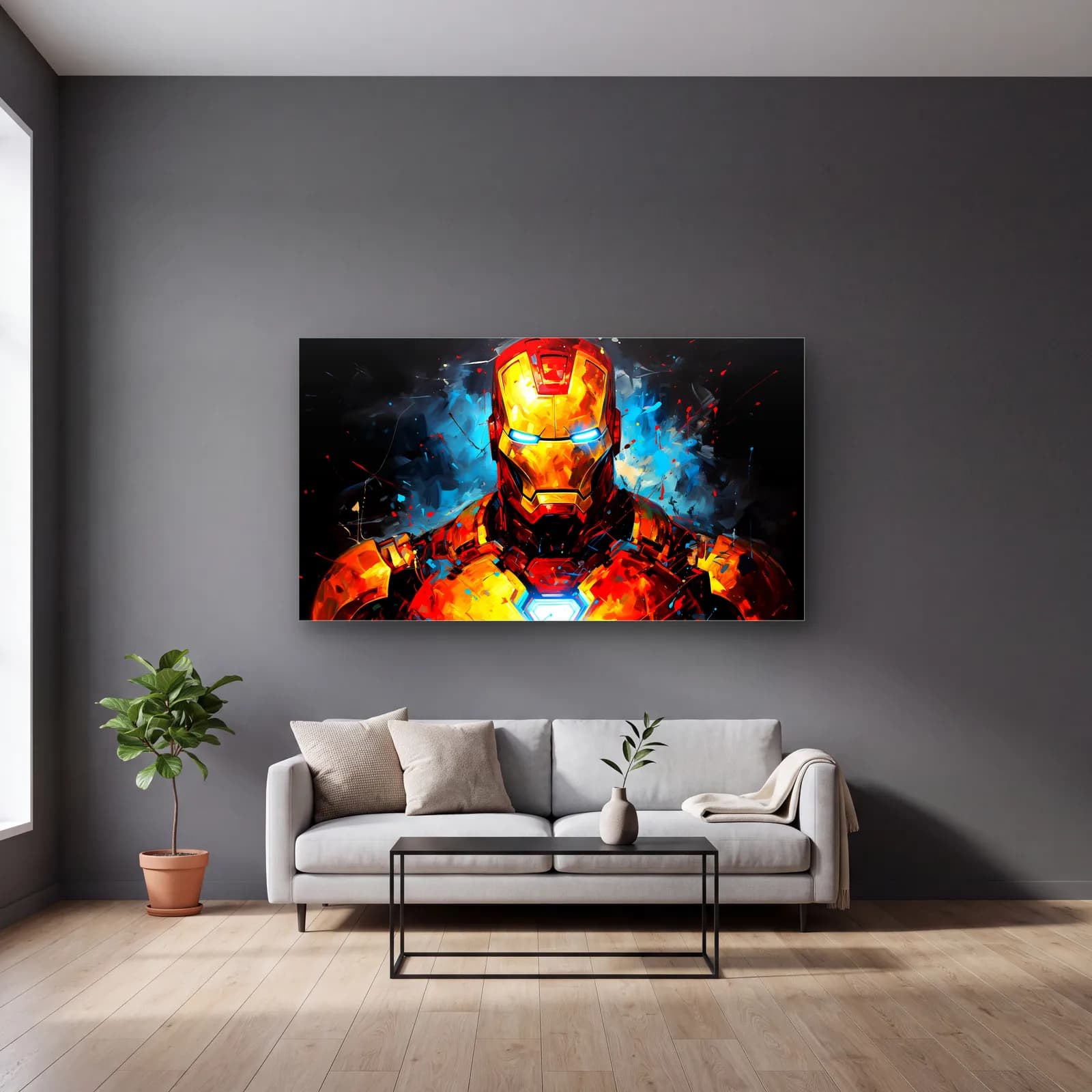 Iron Man Renkli Portre cam tablo — gri duvarlı salonda