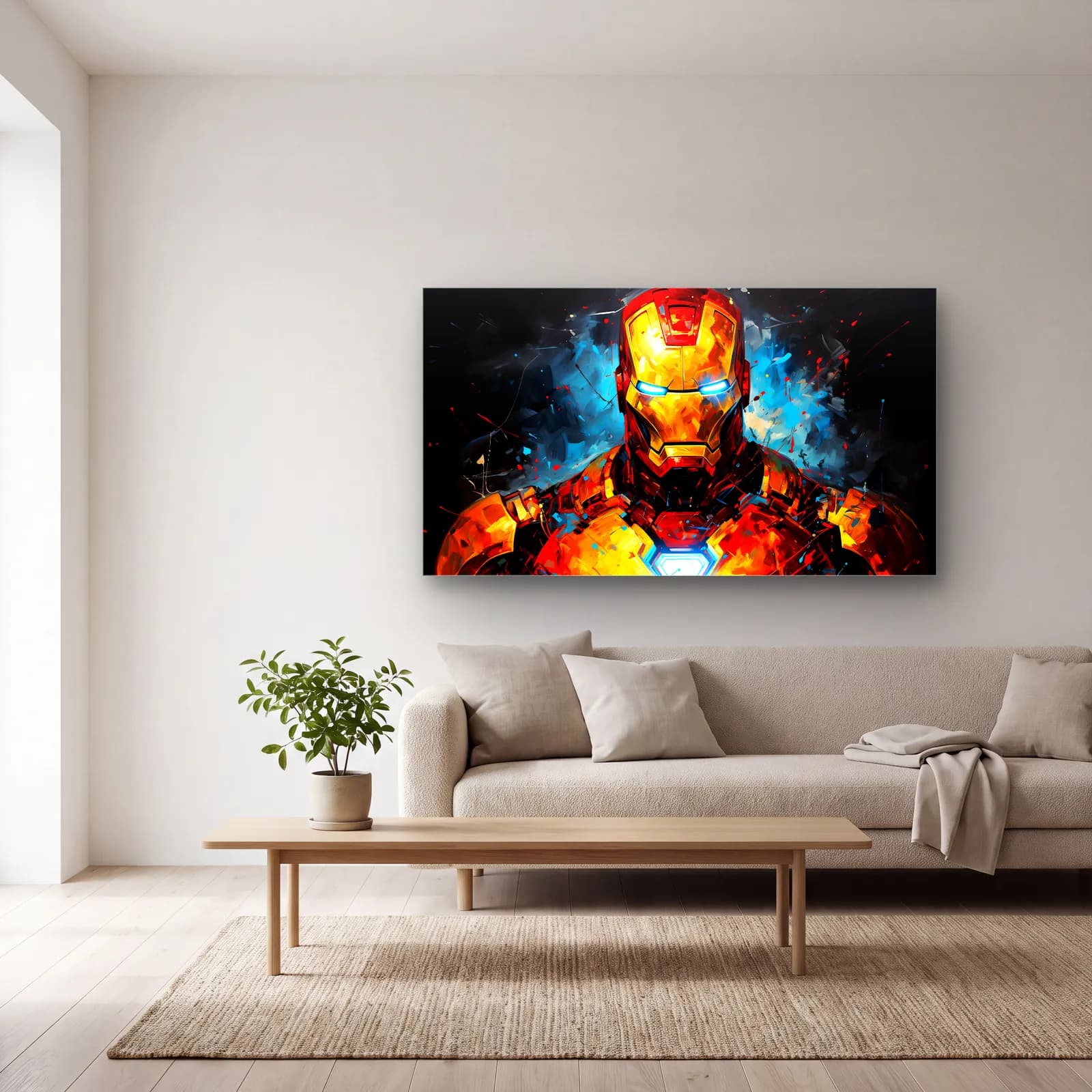 Iron Man Renkli Portre cam tablo — açık renk salonda