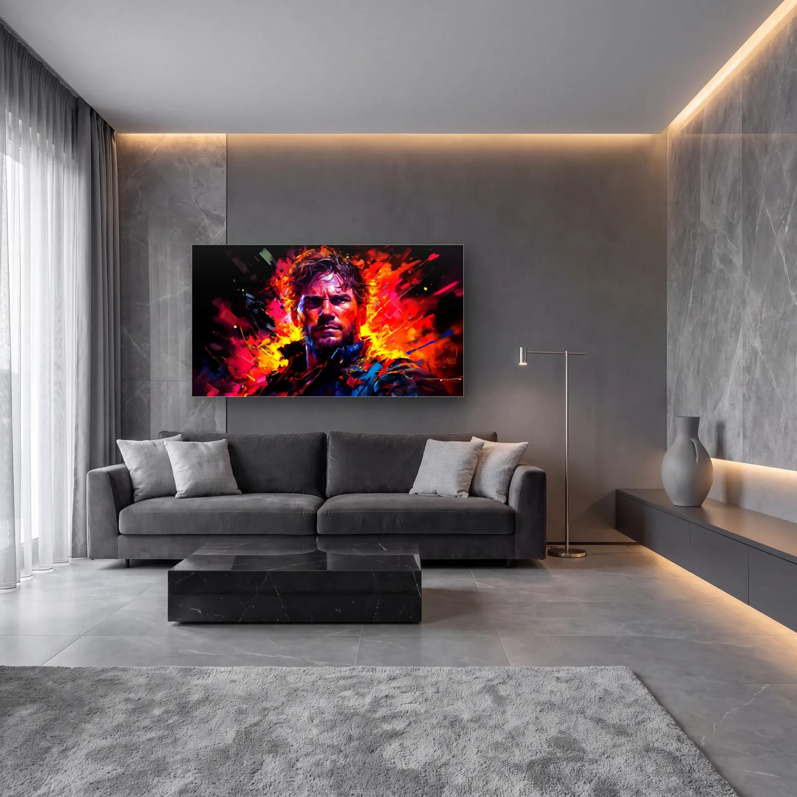 Star-Lord Renkli Portre cam tablo — lüks salon duvarında