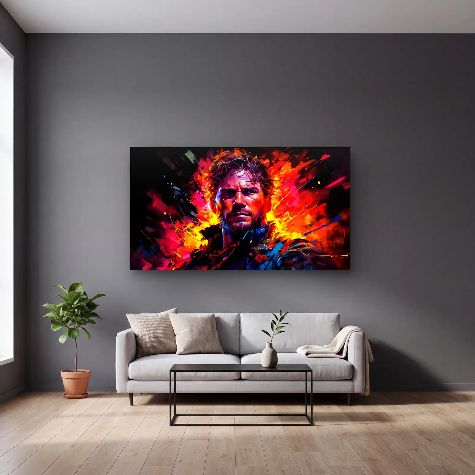 Star-Lord Renkli Portre cam tablo — gri duvarlı salonda
