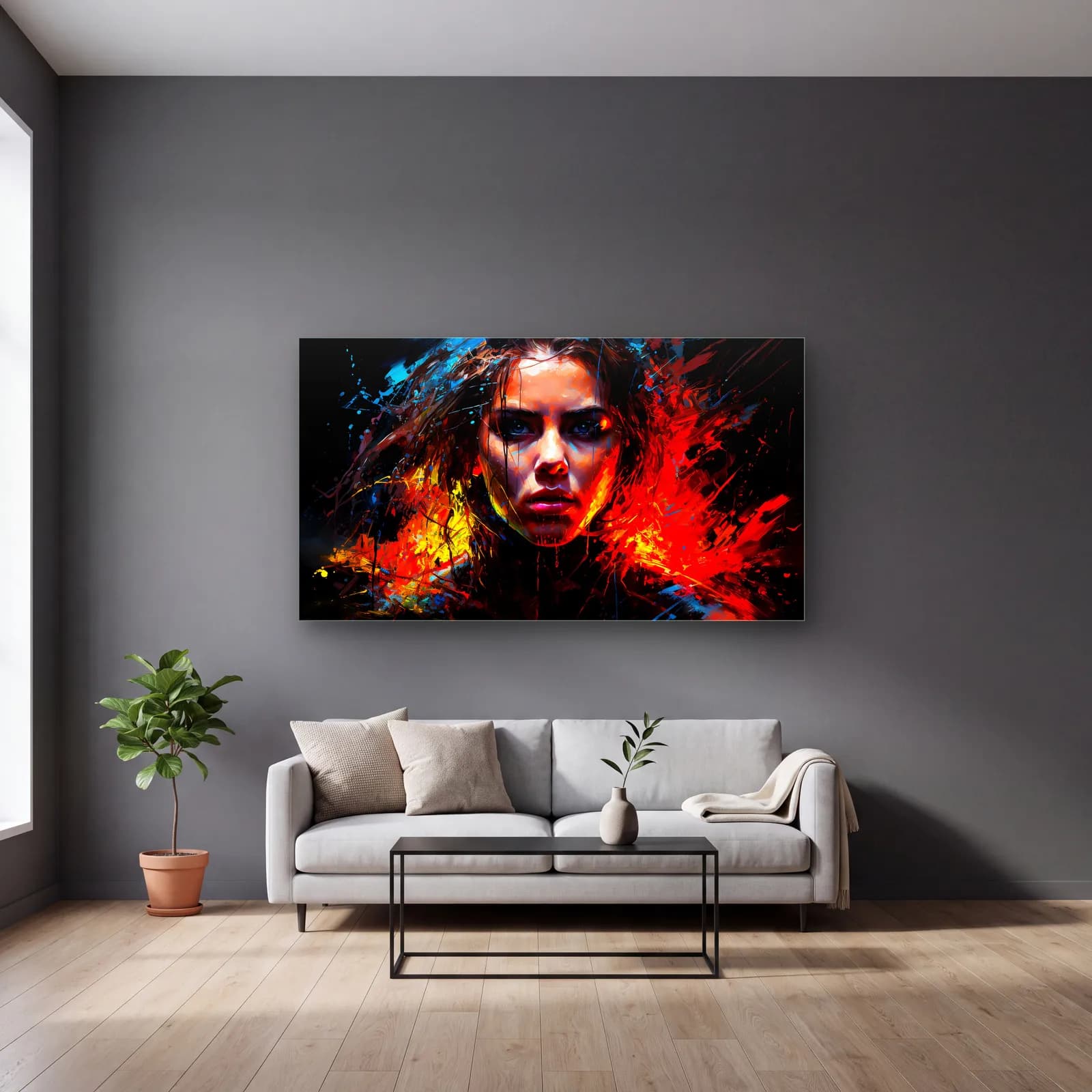 Scarlet Witch Renkli Portre cam tablo — gri duvarlı salonda