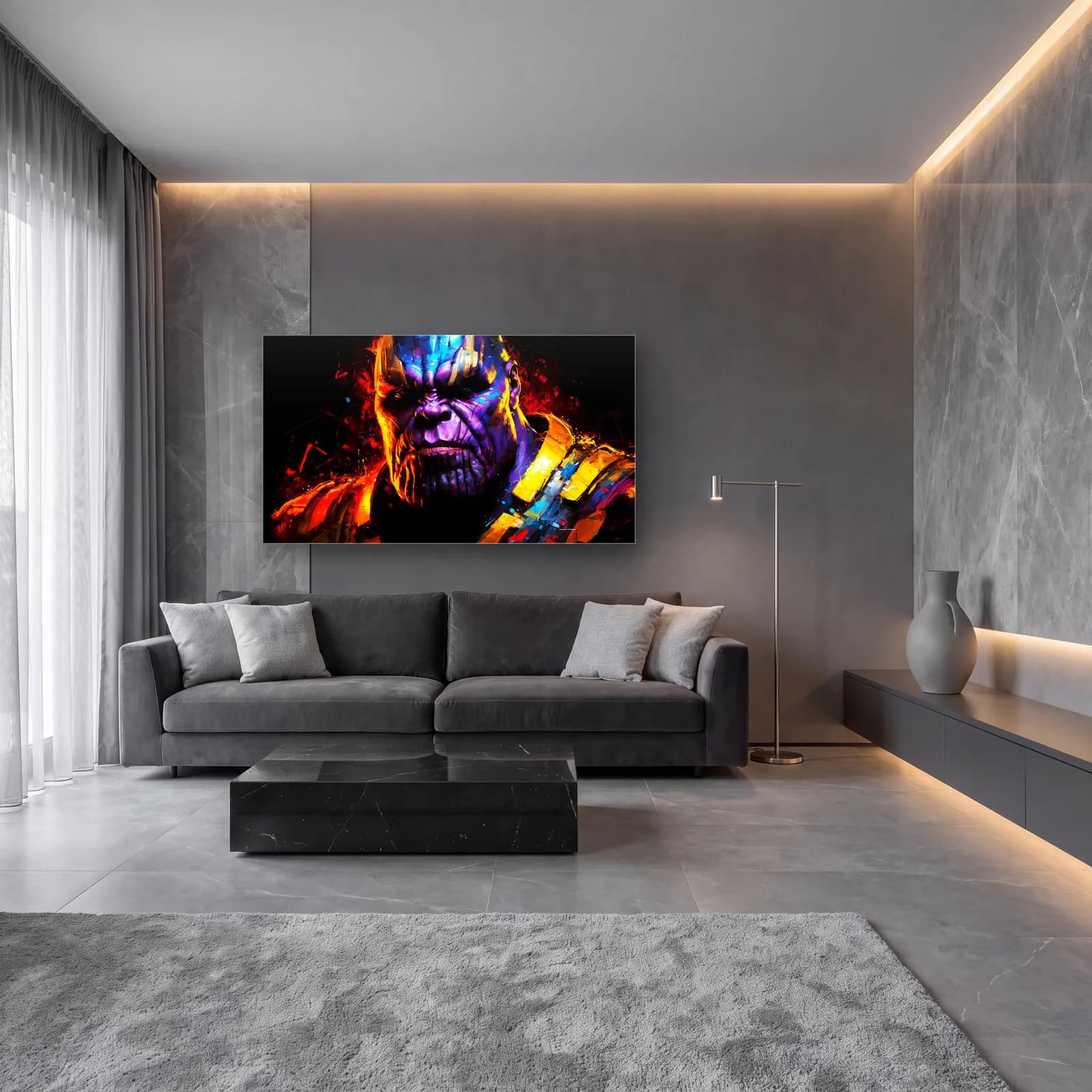 Thanos Renkli Portre cam tablo — lüks salon duvarında