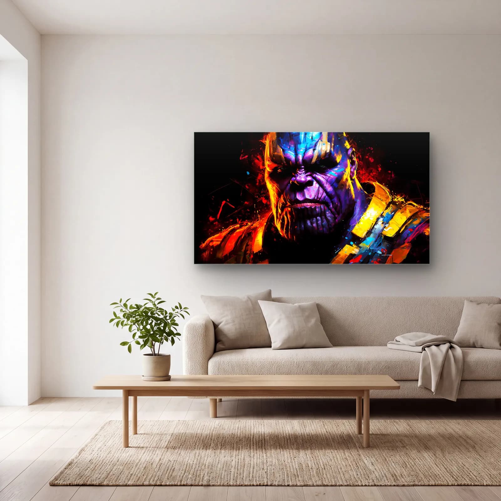 Thanos Renkli Portre cam tablo — açık renk salonda