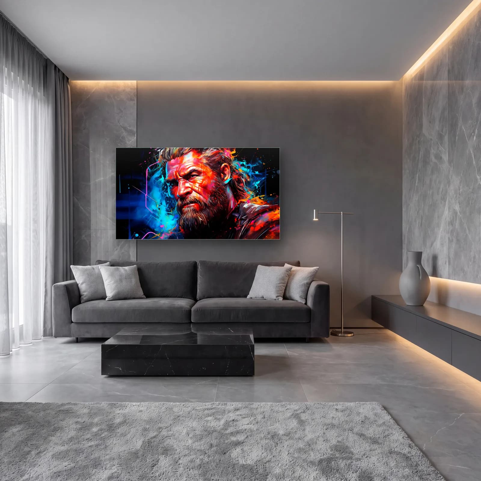 Thor Renkli Portre cam tablo — lüks salon duvarında
