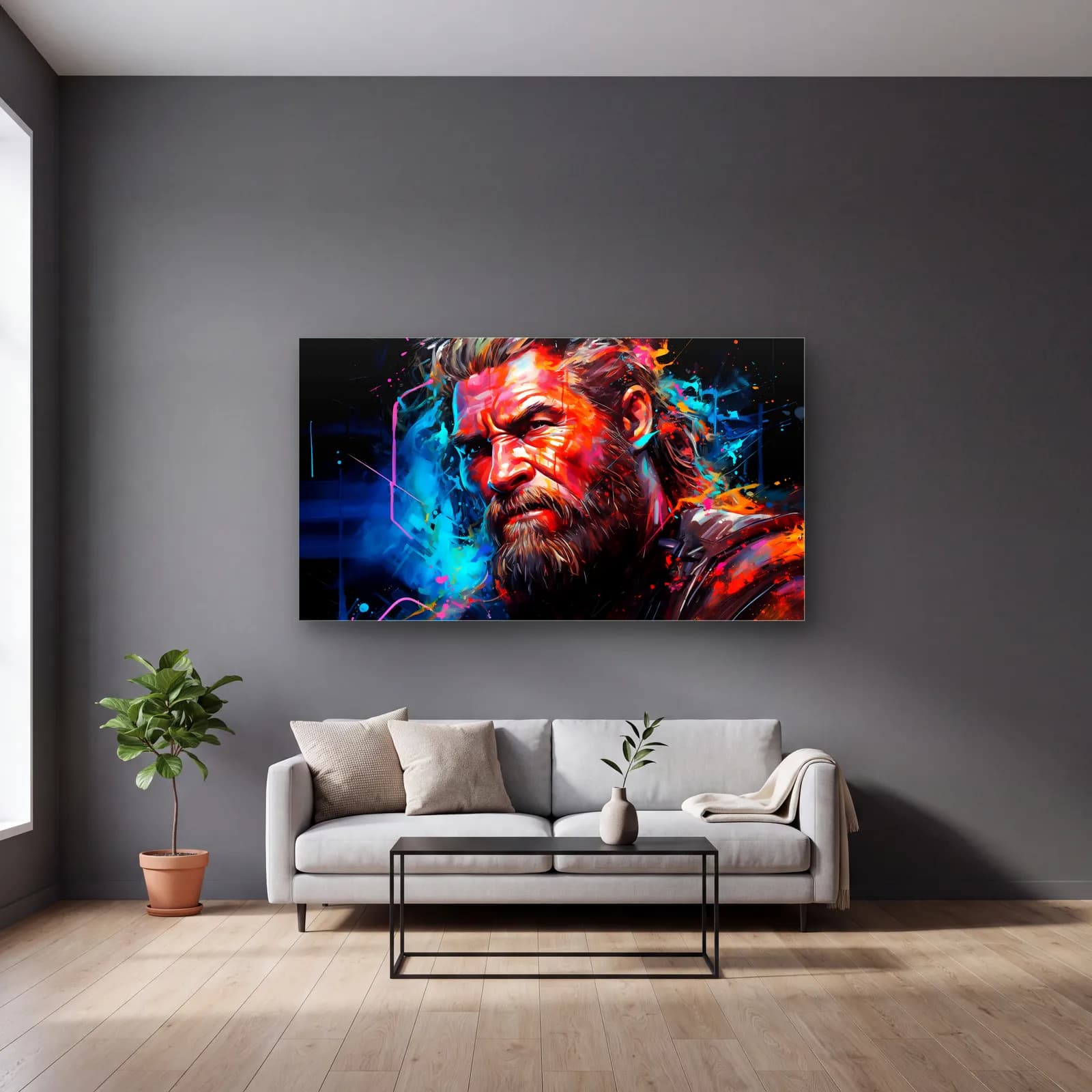 Thor Renkli Portre cam tablo — gri duvarlı salonda